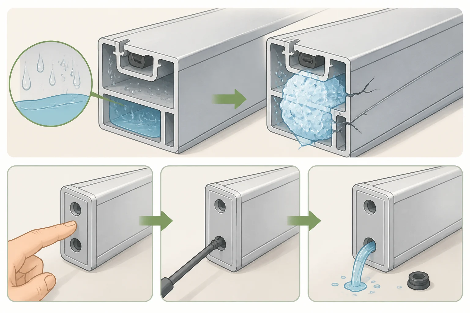 Aluminum patio furniture frame with condensation trapped inside tubing, illustrating how draining and periodic checks prevent ice freeze-cracking