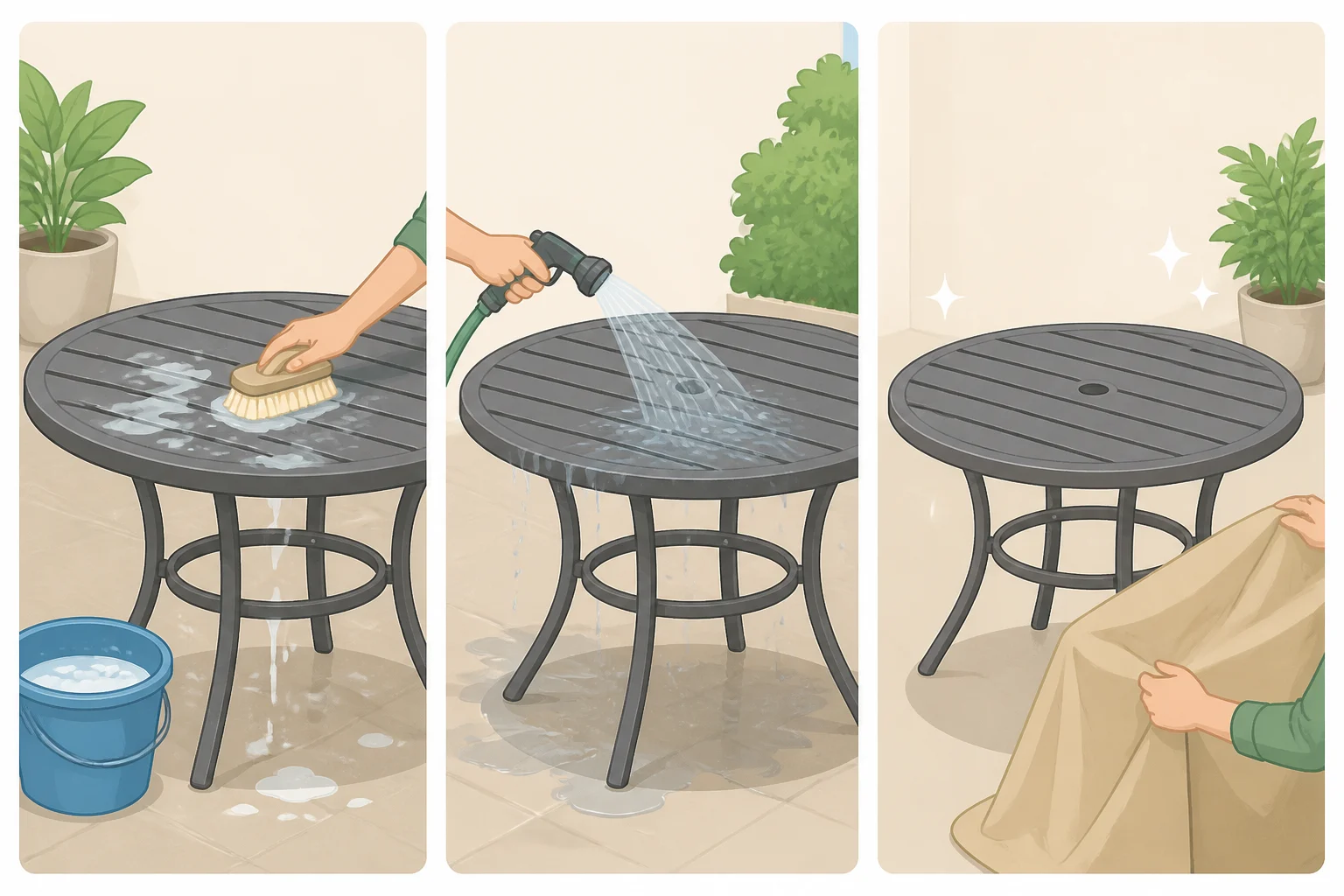 Outdoor furniture being washed with mild soap and water, rinsed thoroughly, and air-dried completely before learning how to protect outdoor furniture in winter with proper covering