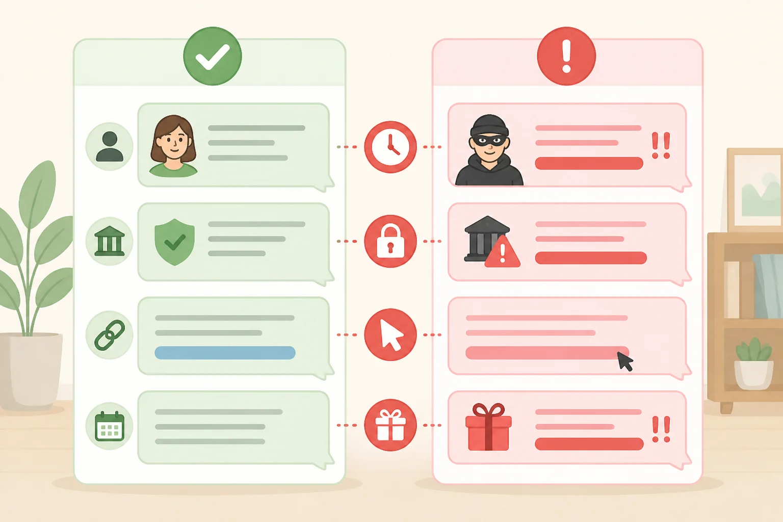 Illustration comparing a scam email that threatens and demands urgent transfer with a legitimate notification that would never ask for immediate payment or transfers