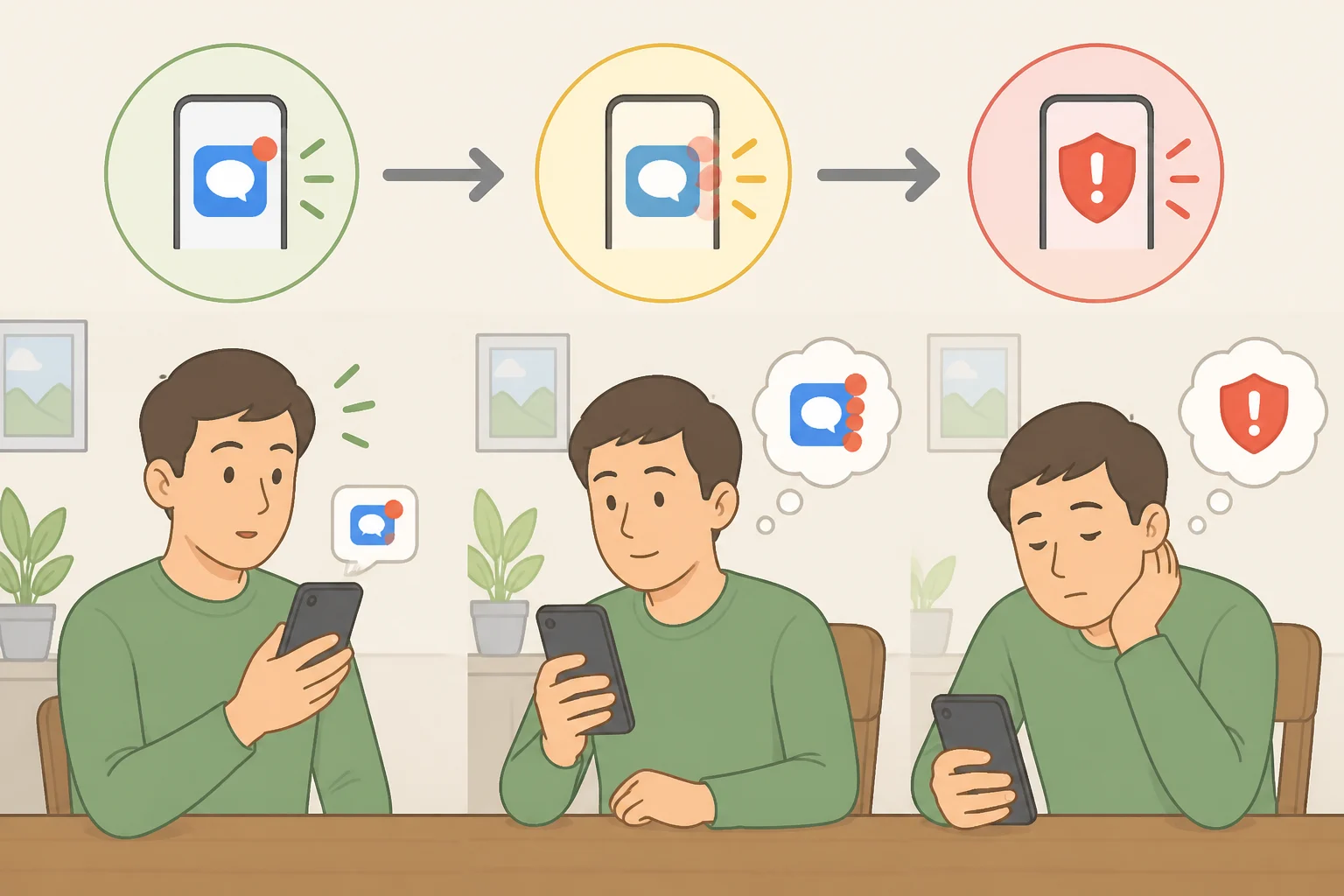 Diagram showing how repeated routine notifications can train the brain to ignore a later security warning, increasing disregard and speeding reaction without careful evaluation