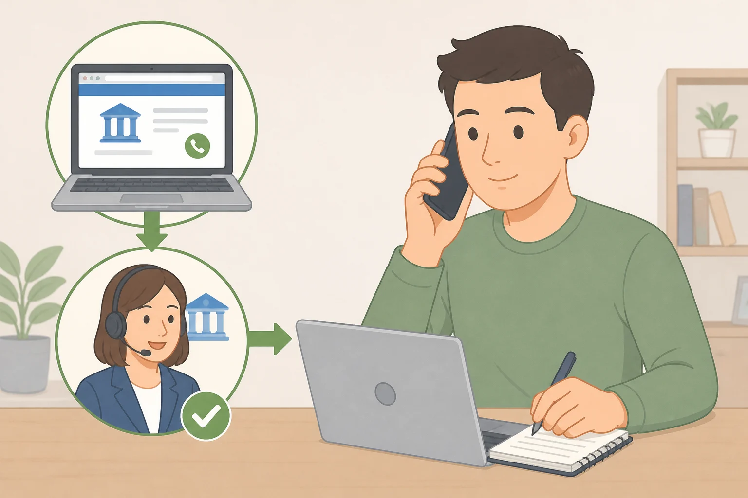 Illustration of someone ignoring a suspicious link and instead calling the bank using an official number from the bank's website to verify the alert safely