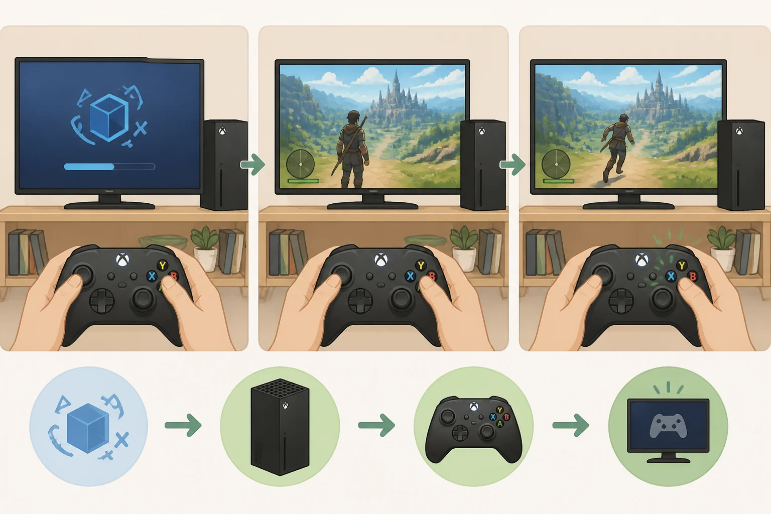 Xbox Series X console displaying Quake II gameplay running via PS5X, with an Xbox controller connected to demonstrate PS5 games on Xbox Series X