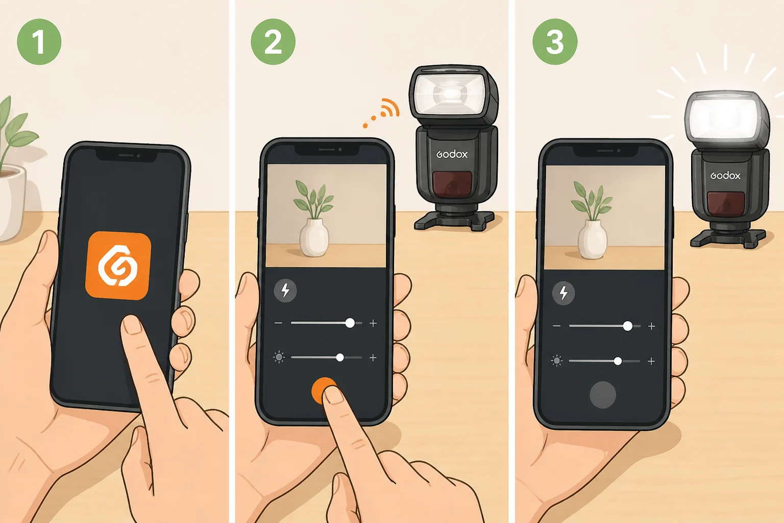 iPhone showing Godox’s camera app controlling the xenon flash since Apple’s native Camera app cannot trigger the Godox A2