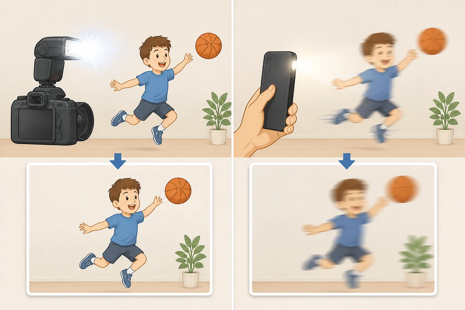 Comparison of a xenon burst from the Godox A2 xenon flash for smartphones versus a typical continuous phone LED, illustrating sharper action freeze in a dim room