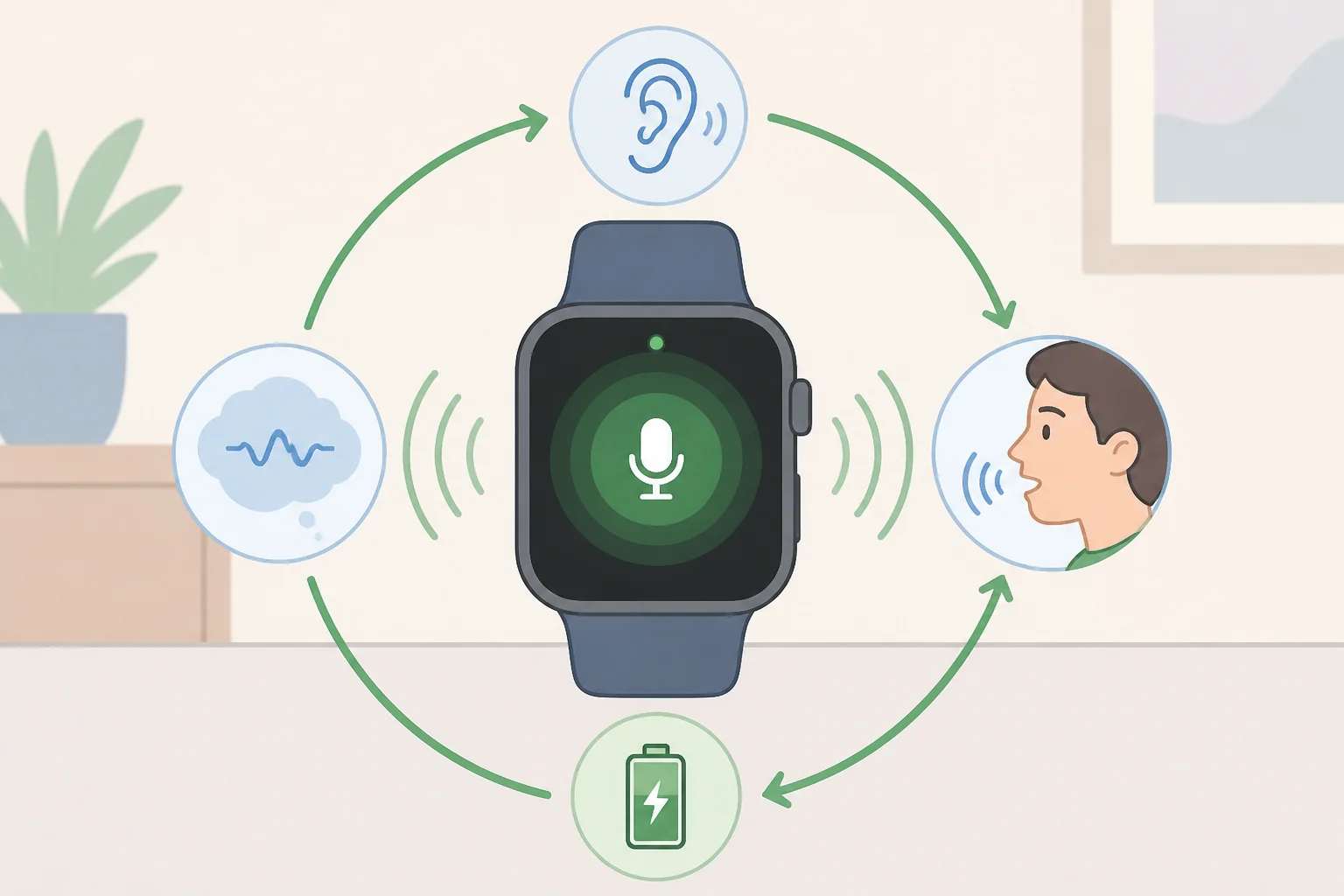 Illustration showing a smartwatch microphone staying active to detect the OK Garmin wake word, explaining why continuous listening uses power