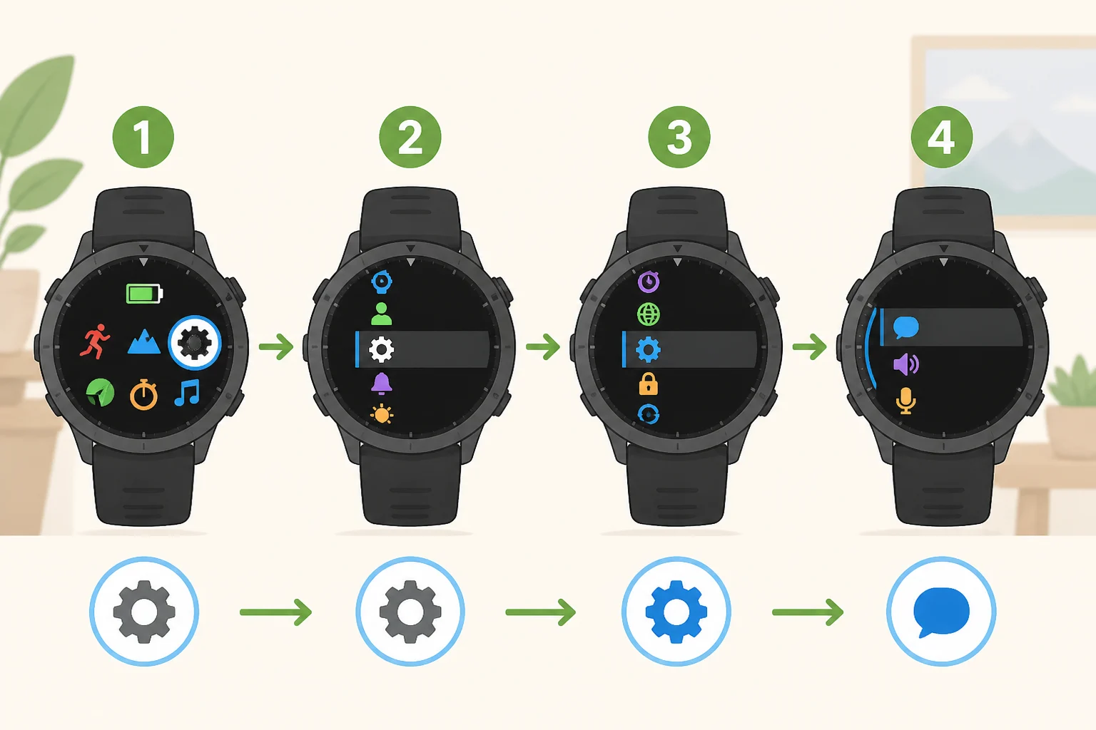 Illustration of a Garmin watch menu with Watch Settings, System, and the Voice option highlighted to disable OK Garmin wake word