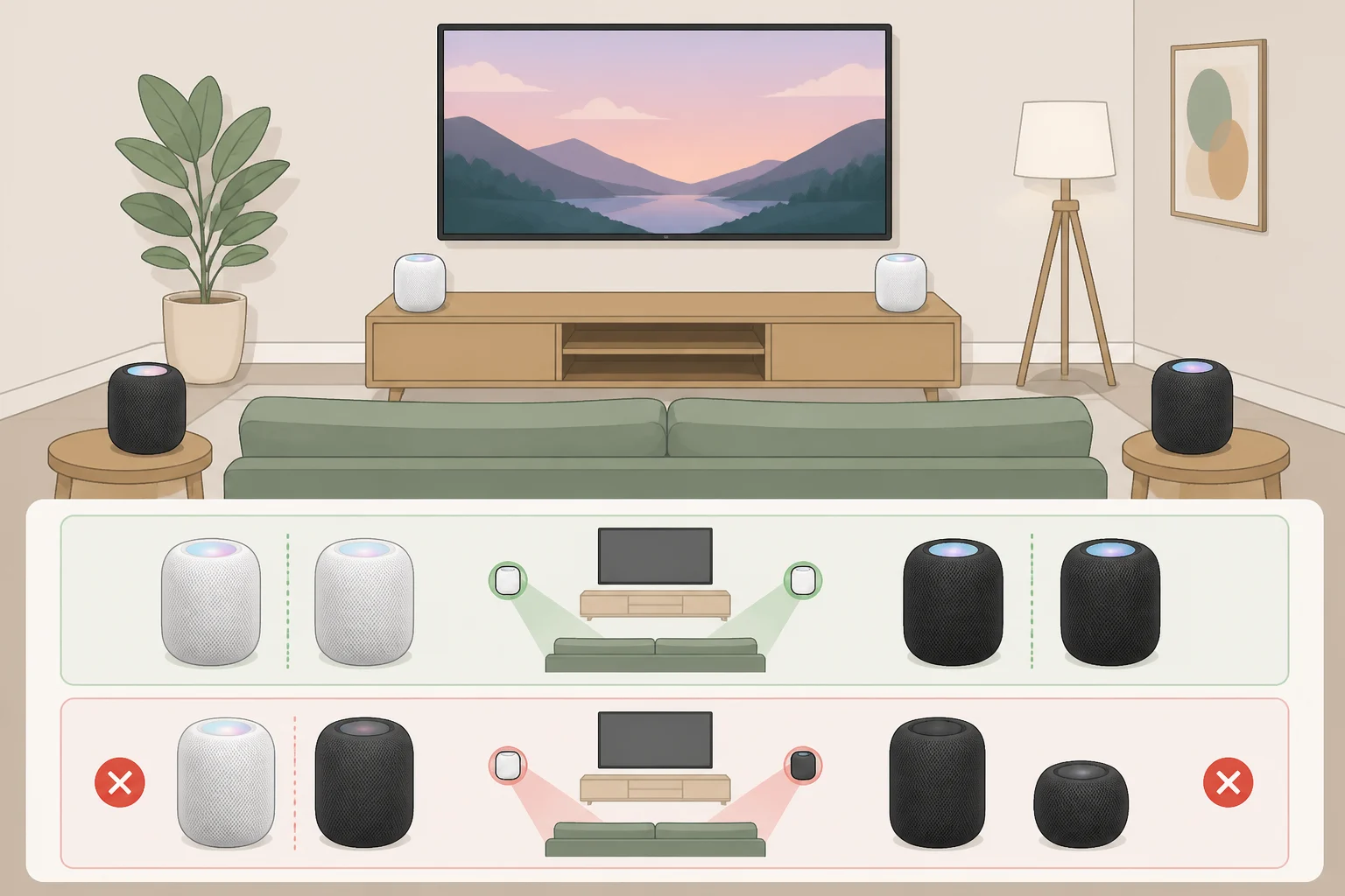 Diagram of the supported Apple TV 4K four HomePod surround sound speaker layout with matching front and rear pairs using HomePod mini 2 and second-generation HomePod