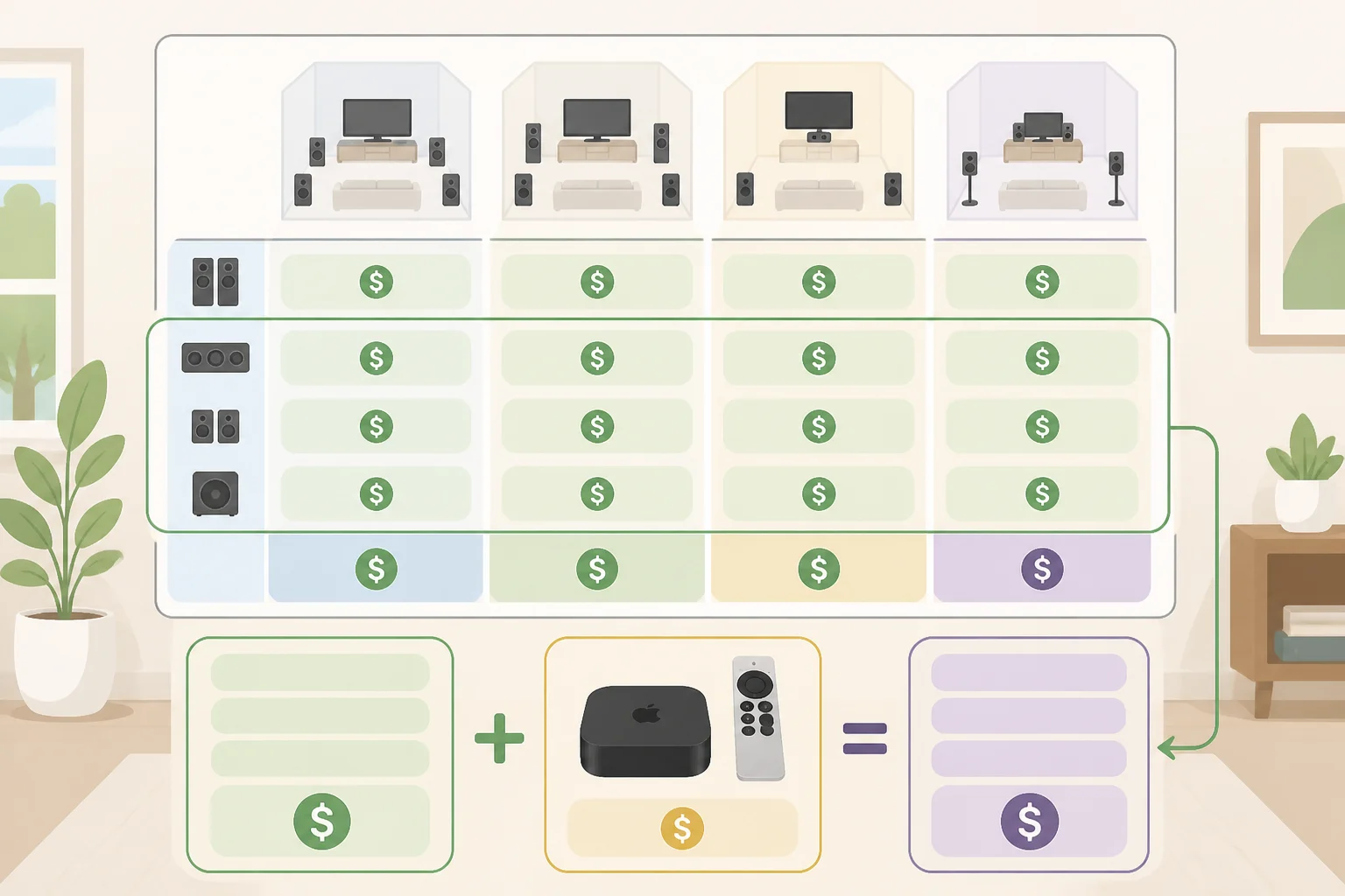 Cost breakdown comparing four HomePod mini 2, four second-generation HomePods, and a mixed mini 2 plus HomePod pairing with the Apple TV 4K price