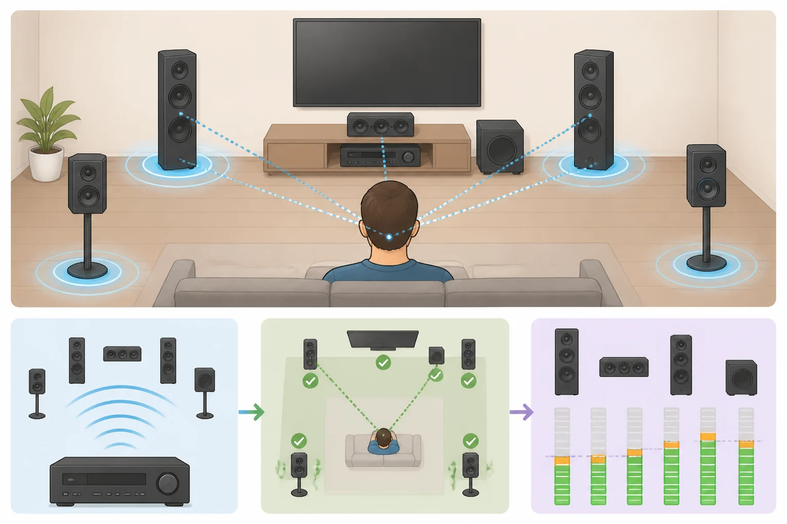 Illustration of HomePods auto-calibrating timing and levels after the speakers detect their positions, with the system grouping them as a single home theater setup