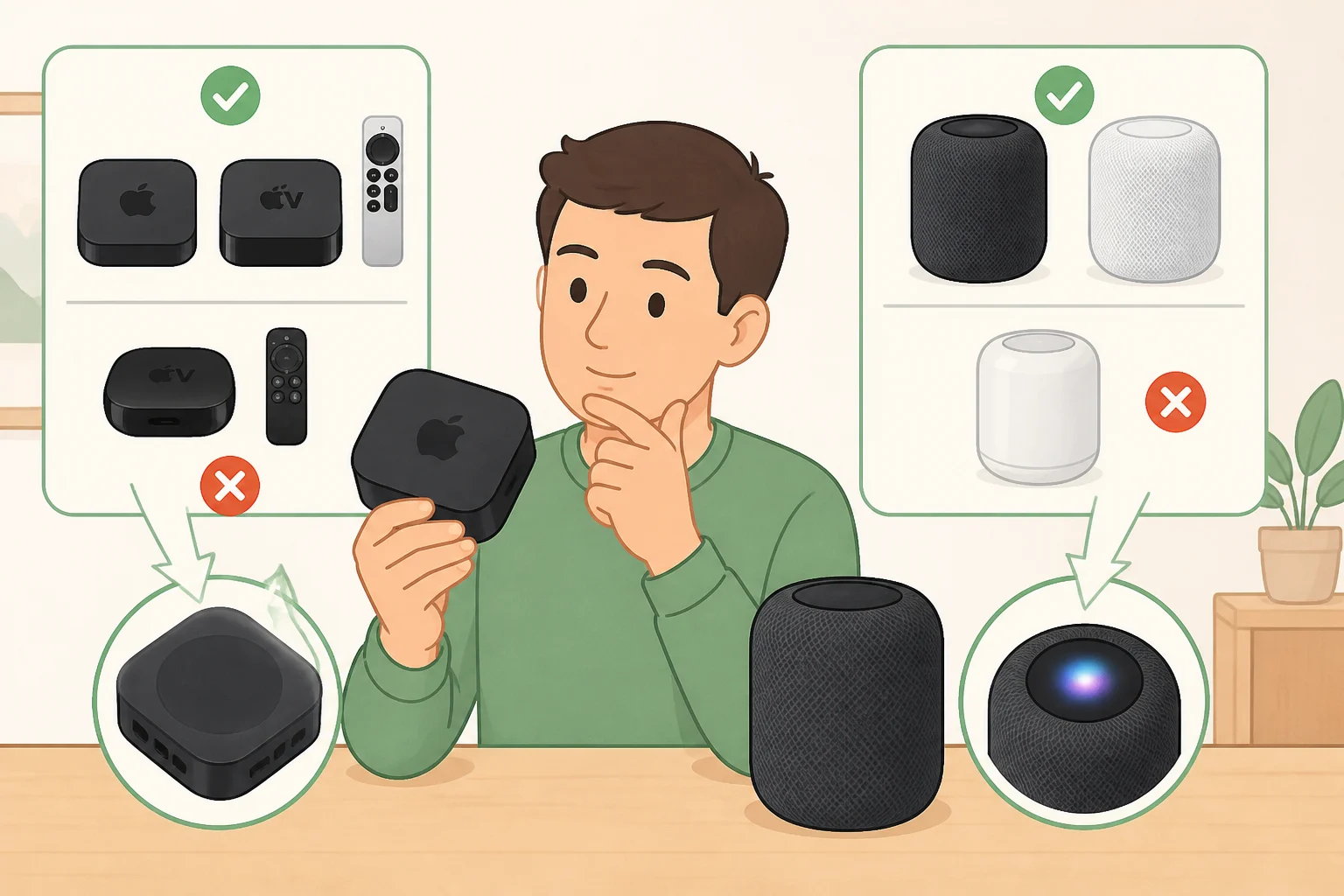 Checklist graphic prompting users to confirm the Apple TV 4K generation and whether their HomePods are second-generation or HomePod mini 2 before setting up Apple TV 4K four HomePod surround sound