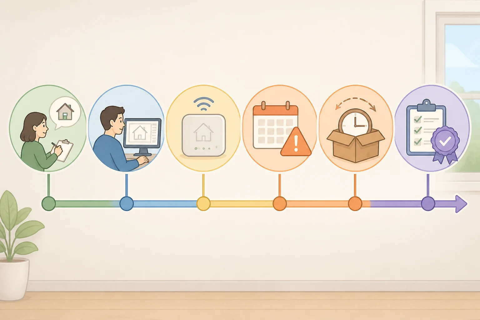Illustration of a timeline explaining why was Apple HomeView delayed, including a reported March 2025 target slipping and FCC testing for model A3218 running from October 14, 2024 to January 15, 2026