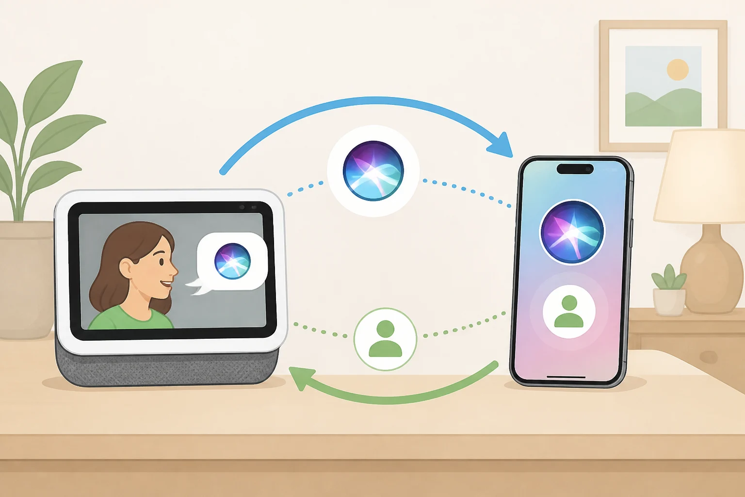Illustration of HomeView in a living room recognizing six household members while sending Siri AI requests to a nearby signed-in iPhone for personal context