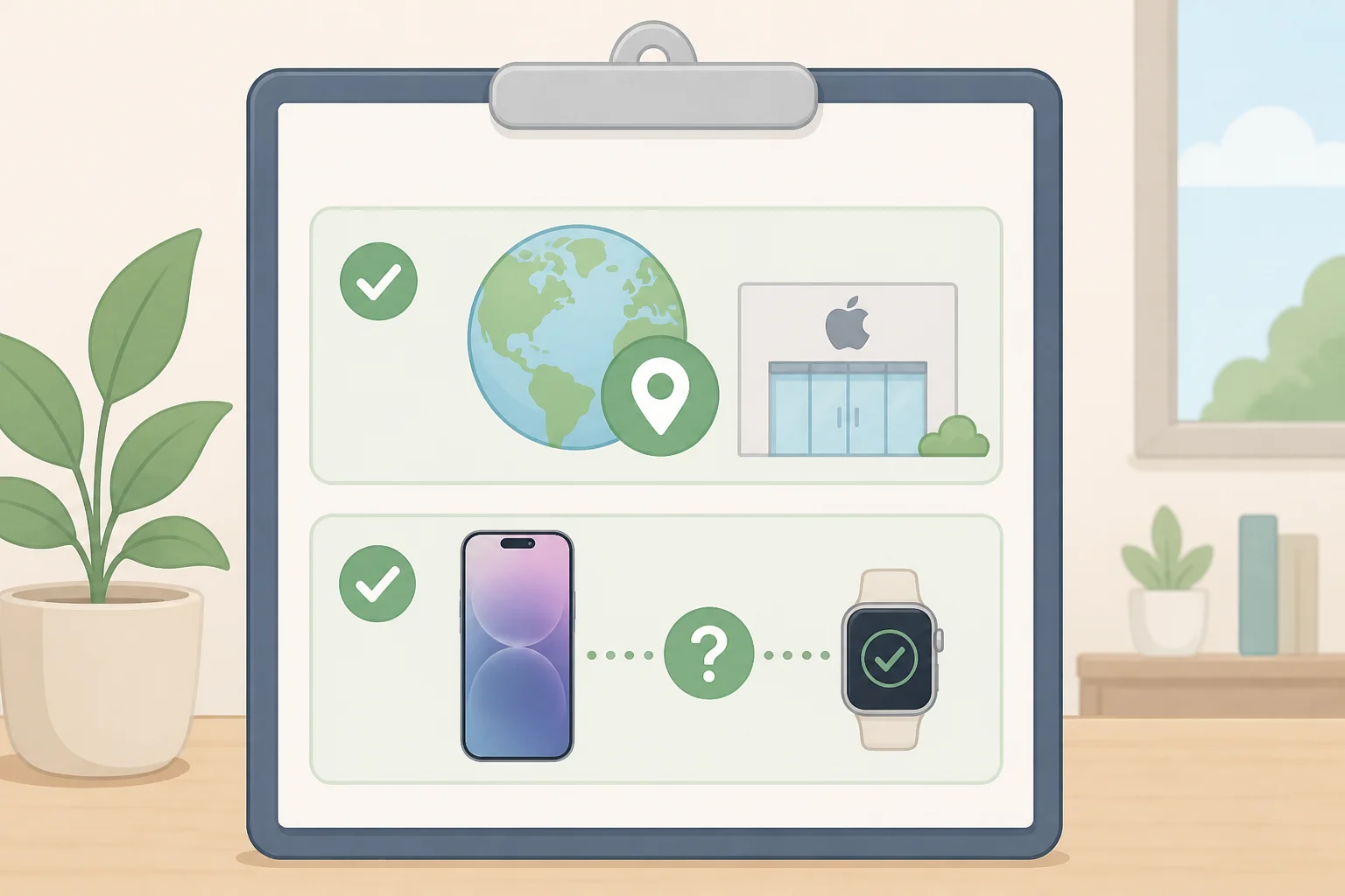 Checklist-style illustration prompting buyers to verify their country's Apple storefront listing and to check iPhone requirements for HomeView personalization before preordering