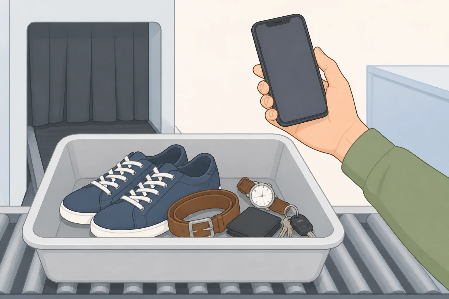A traveler’s smartphone being picked up from a checkpoint bin after nearby shoes and personal items were placed there, illustrating why TSA urges keeping phones out of the bin where they may be touched by others