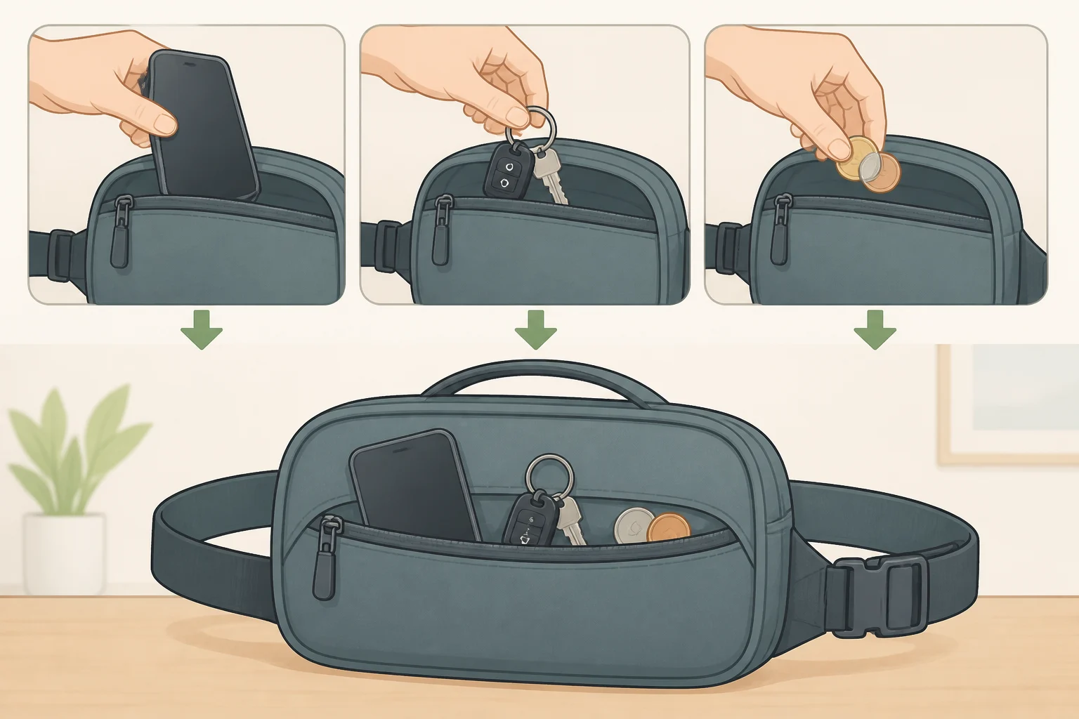 A carry-on bag with a marked zipped pocket holding a phone, keys, and coins to show where to put your phone at TSA security instead of using a screening bin