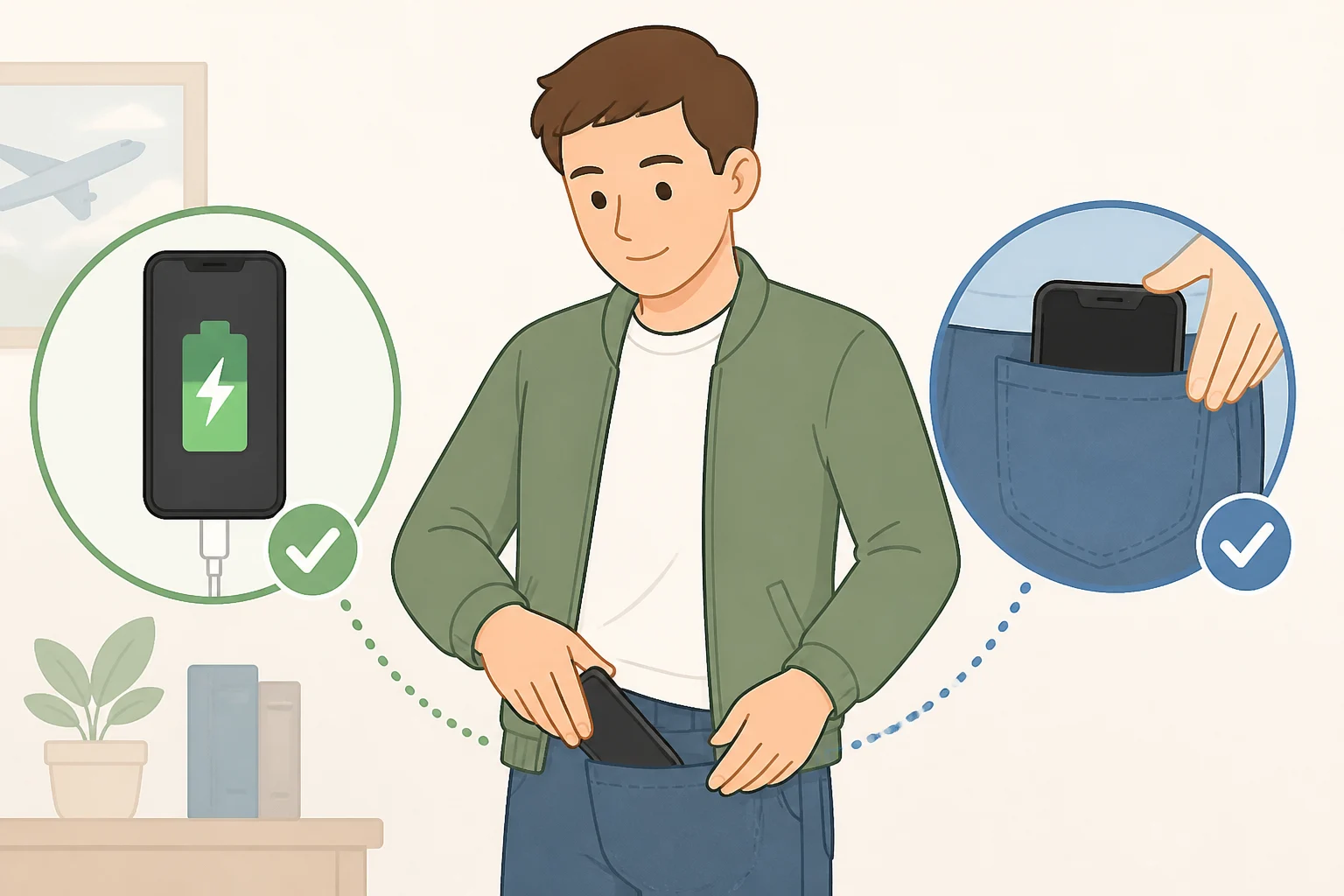 A simple pre-flight setup showing a charged smartphone placed in one consistent zipped carry-on pocket with keys and coins, making it easy to retrieve quickly at TSA security