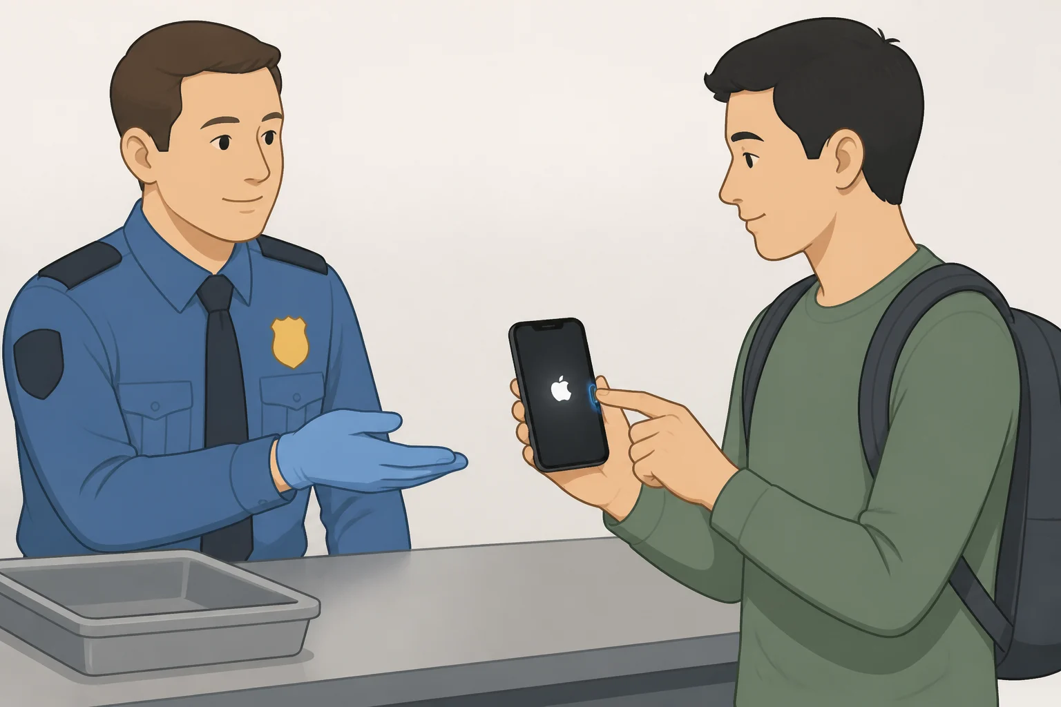 A TSA officer at an X-ray checkpoint asking a traveler to power on a phone while the traveler retrieves it from a known carry-on pocket