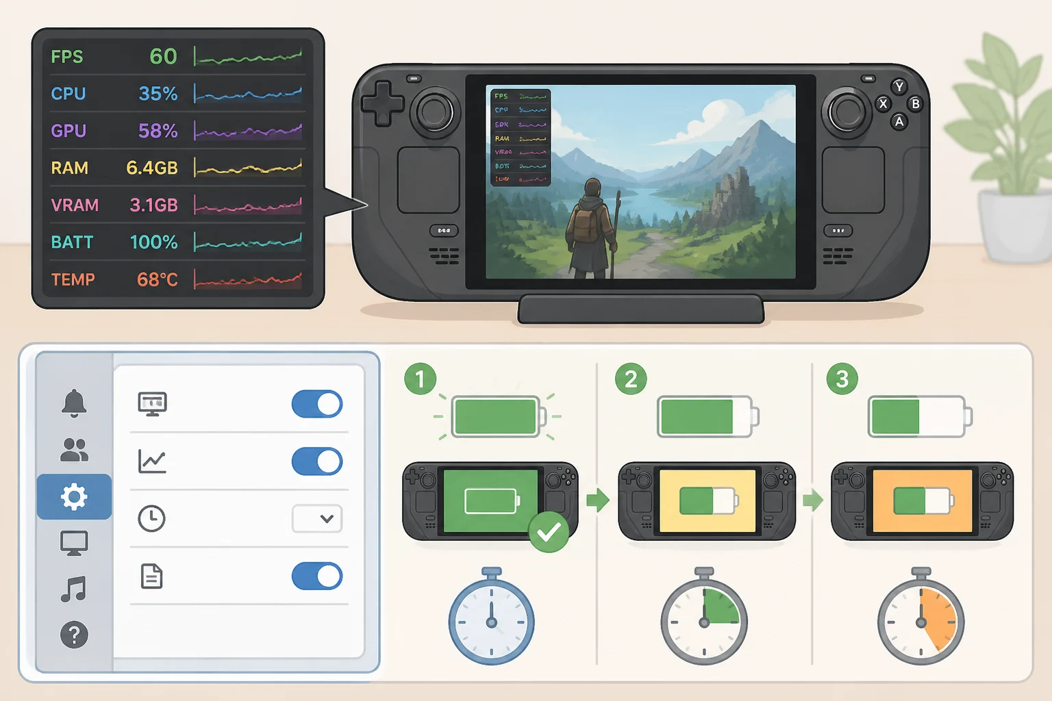 Illustration of a SteamOS Performance overlay alongside a battery test log showing charge percentage, brightness, FPS and wattage caps, and timing from 100 percent down to 80 percent and 50 percent