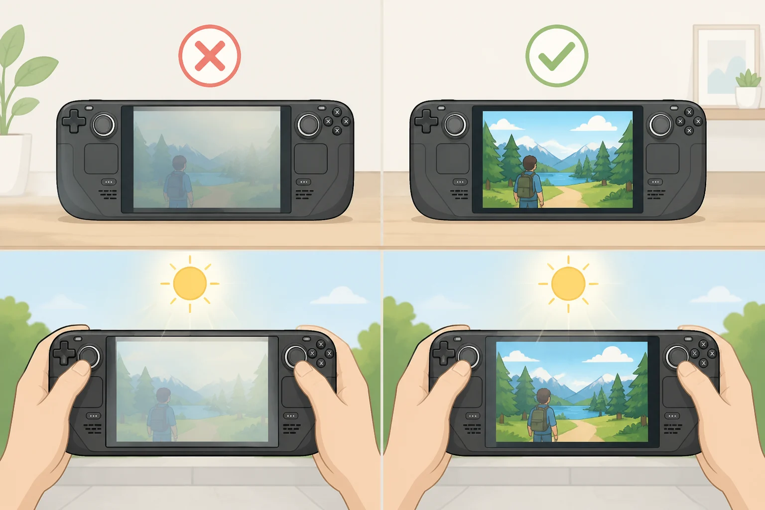 Illustration comparing an LCD Steam Deck and an OLED Steam Deck side by side, highlighting the hardware differences owners weigh before upgrading