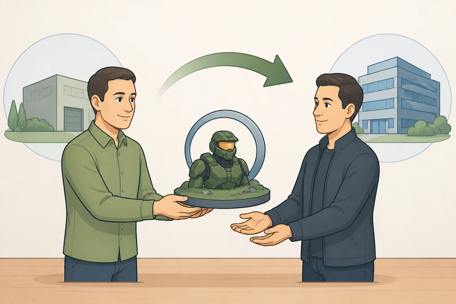 Map-style illustration showing Activision taking over management of Halo Studios, Sea of Thieves, and Age of Empires after the September round of Xbox layoffs