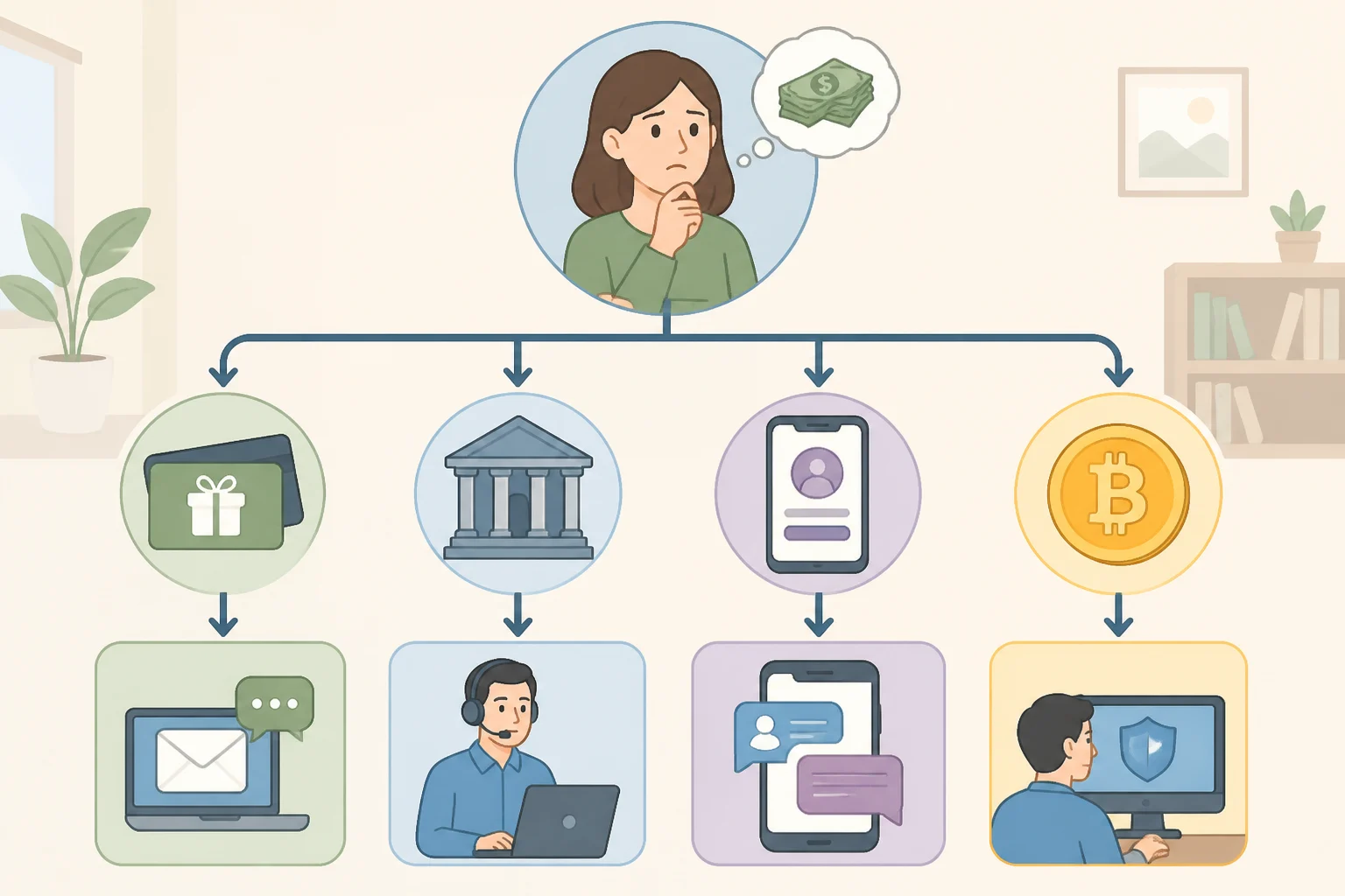 A flowchart of next steps after a scam payment: contact the gift card issuer, report a wire to the bank, follow payment-app scam steps including Apple Cash, or take extra caution with cryptocurrency recovery