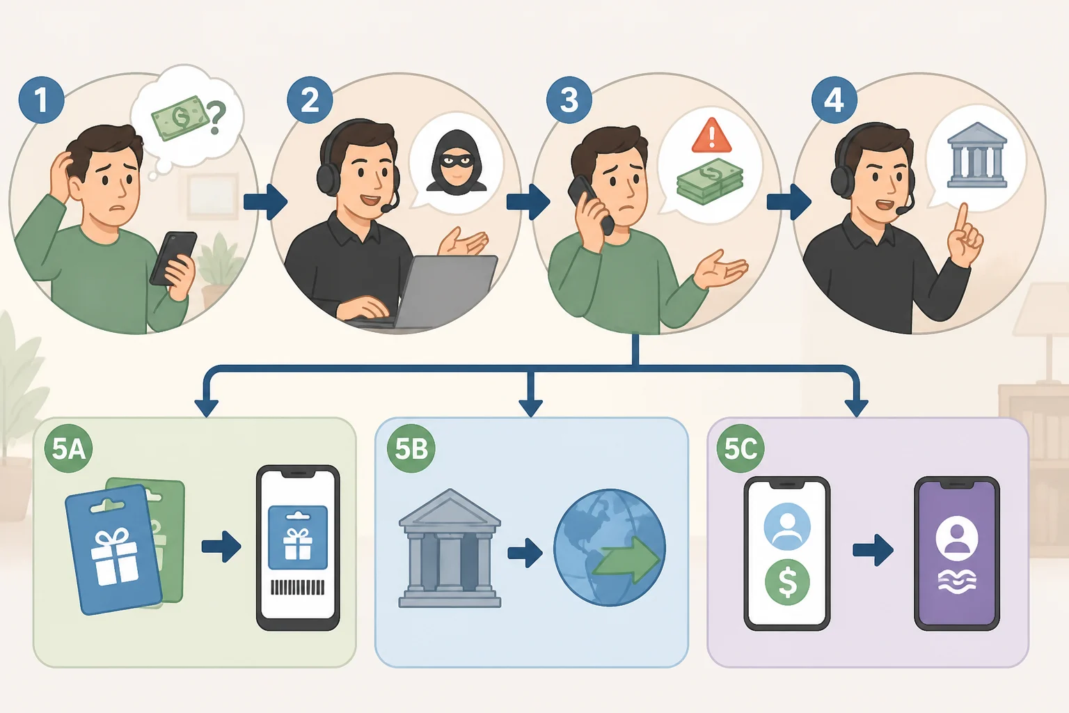 Step-by-step diagram of a refund scam flow: urgency message, spoofed call or page, remote-access or form prompt, then repayment via gift card, wire transfer, cryptocurrency, or another payment app