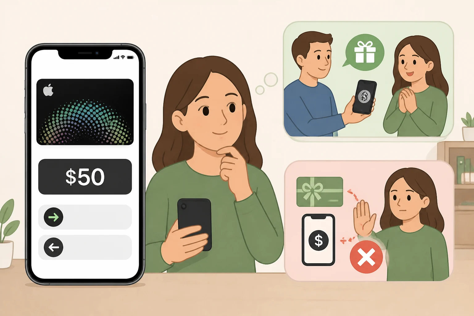 A warning-style view of an Apple Cash transfer with highlighted text showing 'do not send anything back' to stop an unexpected Apple Cash payment scam