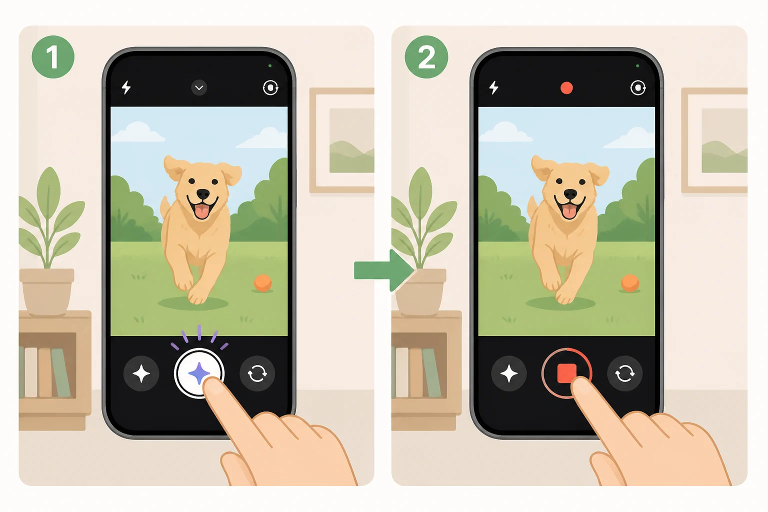 A screen-style view of the Google Pixel camera app with the Magic Capture shutter pressed, the red stop button to end a recording session, and the resulting 5 curated photos appearing after the clip