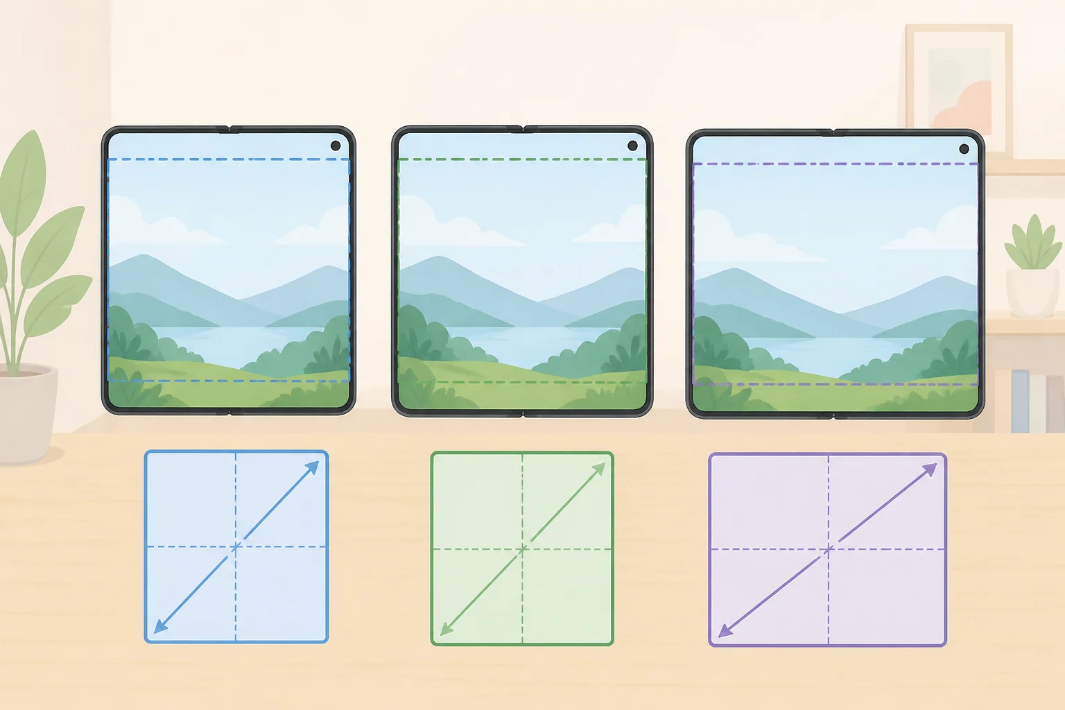 A side-by-side diagram comparing wide-screen foldable smartphone inner aspect ratios (4:3 and 14:10) with the older 10:9 inner display paired to a 21:9 outer screen