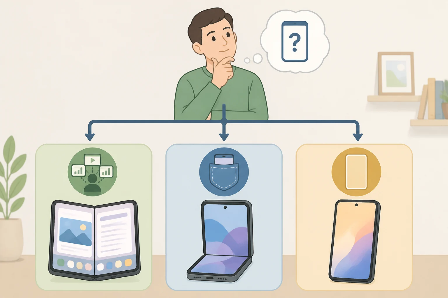 A decision guide for choosing between wide-screen foldables, clamshells, and slab phones, including icons and recommendations for wide-screen foldable smartphones