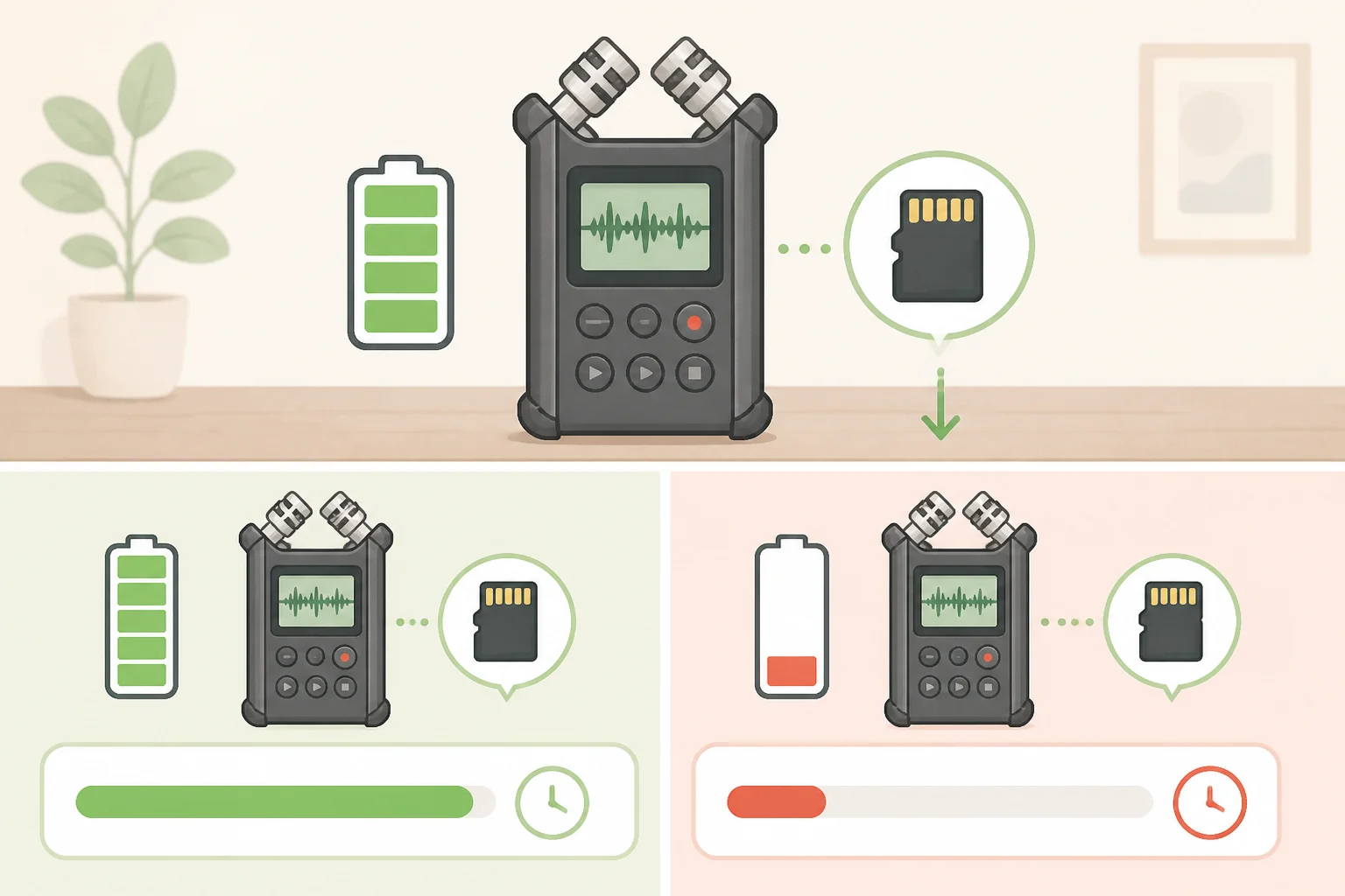 Chart-style illustration from the Insta360 Mic review context showing how battery life can drop significantly during internal 32-bit float recording (not just the headline runtime)