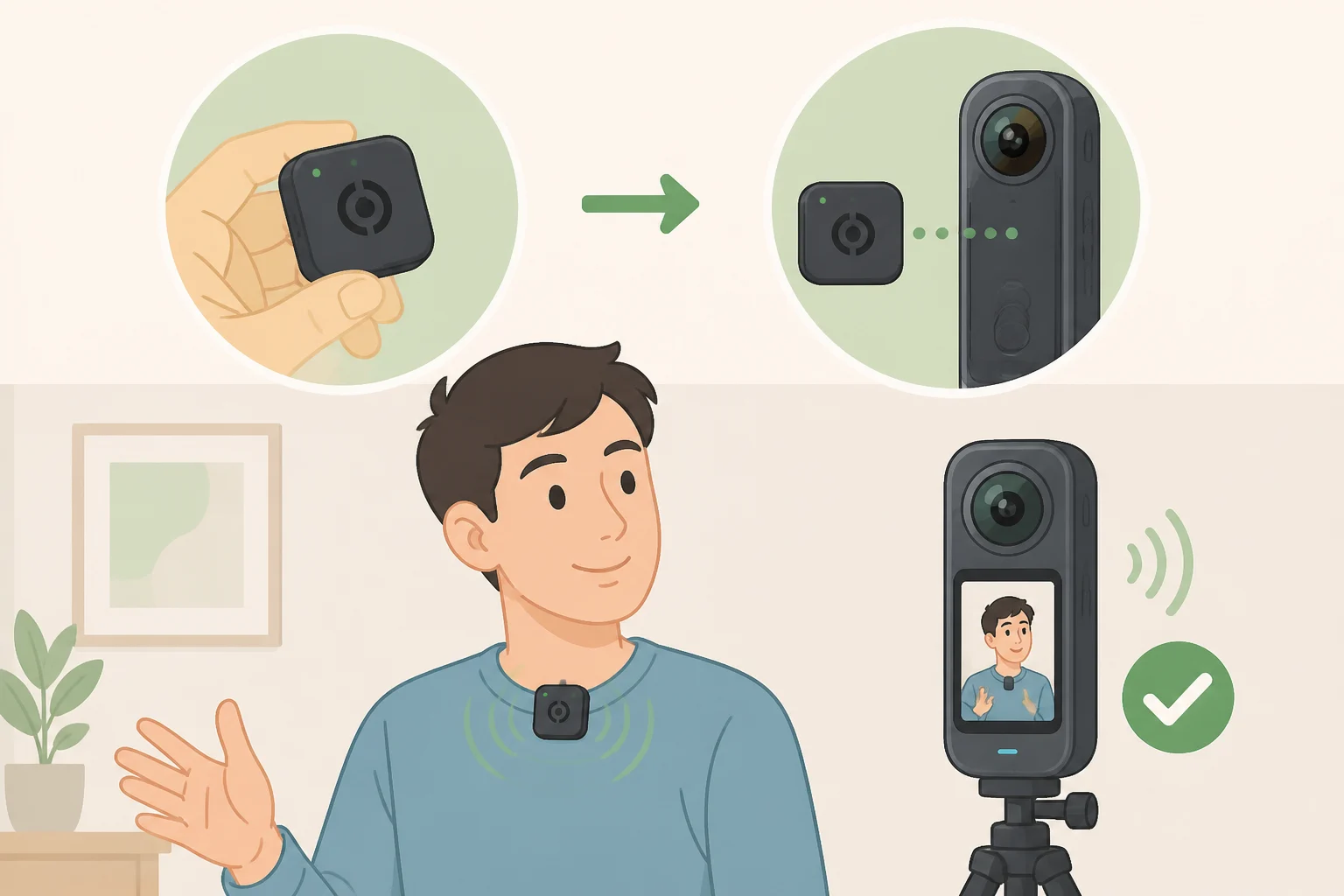 Insta360 Mic review diagram of Direct Connect pairing a wireless transmitter to a supported Insta360 camera (X6/X5/Luna Ultra/Luna Pro/GO Ultra/Ace Pro 2) for receiver-free 48kHz recording