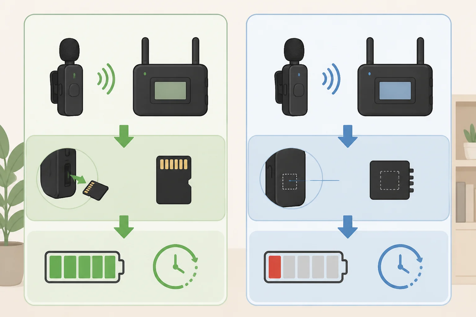 Side-by-side comparison visual for Insta360 Mic vs Mic Pro showing expandable microSD backup storage on Mic and fixed 32GB storage plus battery claims on Mic Pro