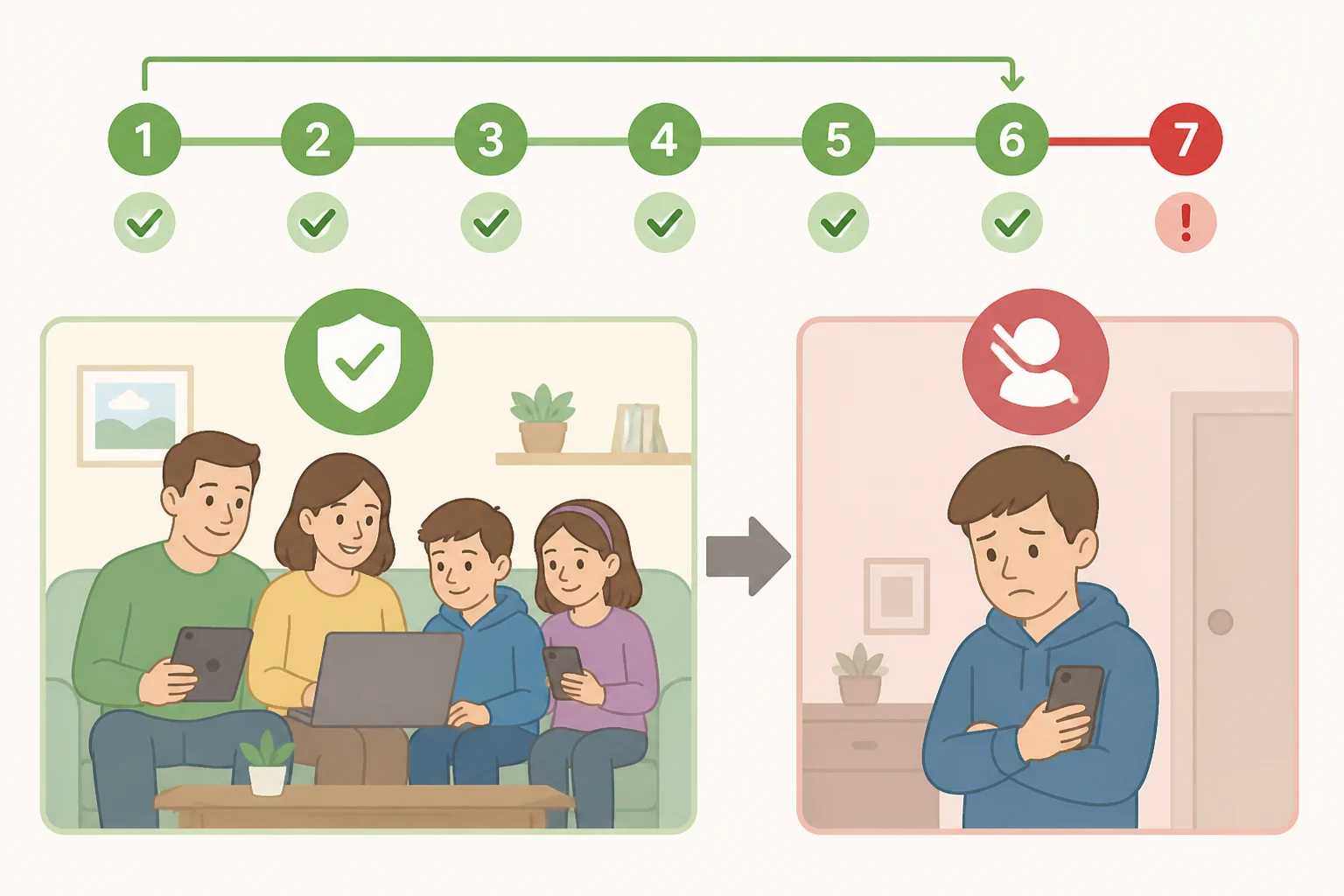 A seven-day countdown graphic showing a missed Spotify Family plan QR code verification deadline leading to free-tier access and a 12-month join restriction
