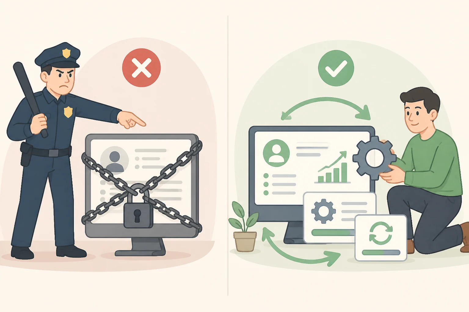 A split graphic contrasting 'crackdown' enforcement with 'routine improvement' verification methods that keep adjusting over time