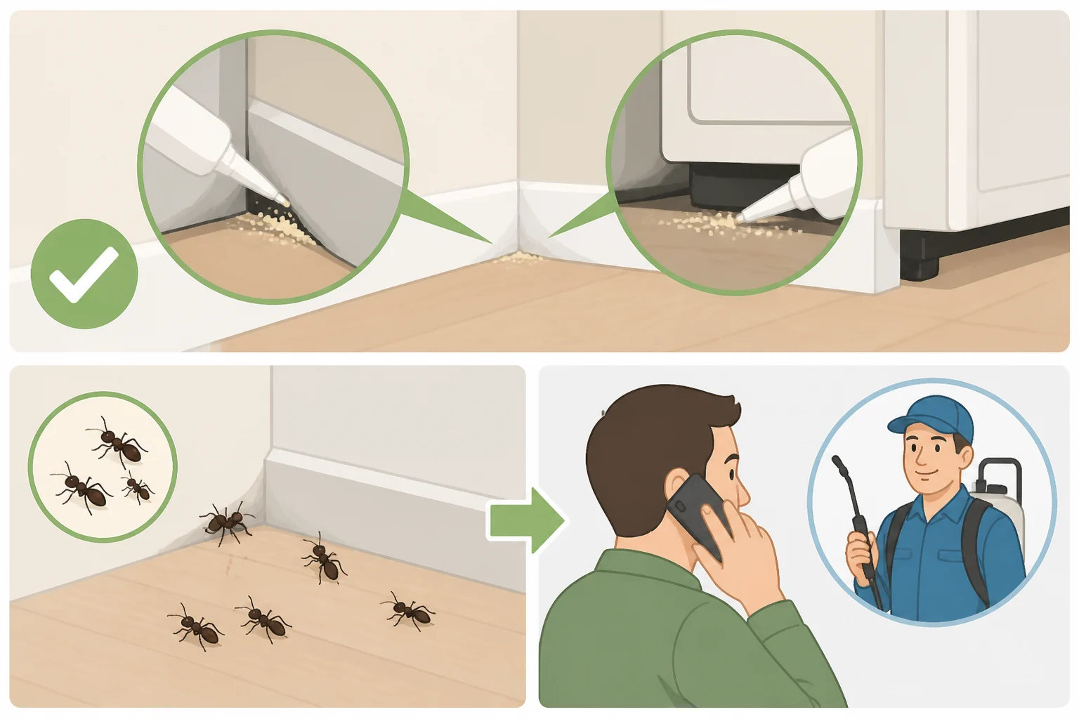 Illustration of a home interior with bait dots and insect dust applied only in wall-edge cracks behind furniture, with a child-and-pet safety warning and a technician in the background
