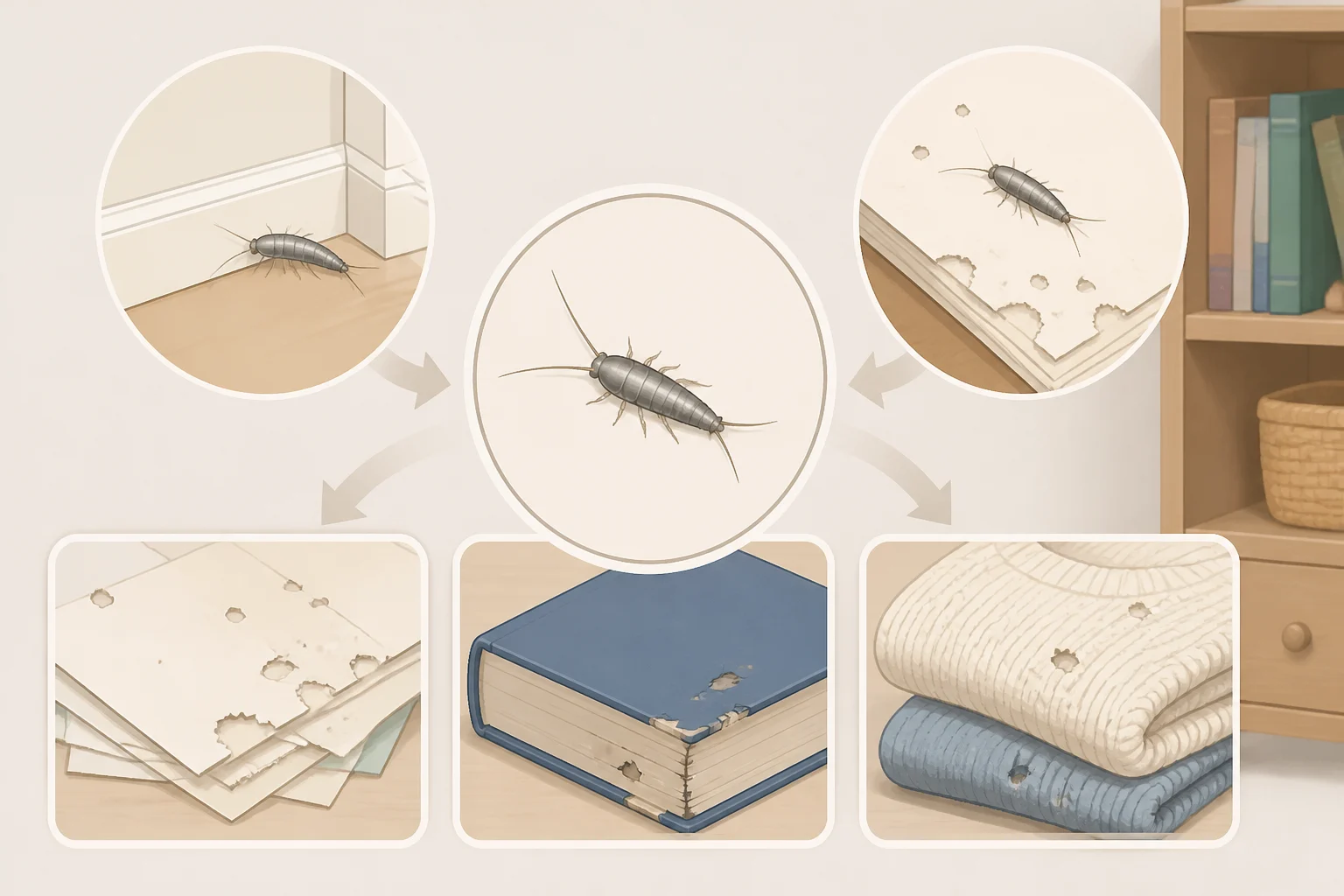 Diagram showing multiple silverfish sightings across rooms and small areas of chewed paper edges and damaged book binding indicating sanitation alone isn't enough