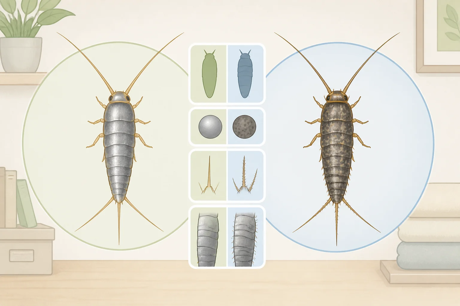 Close-up comparison of silverfish (shiny silver-gray, carrot-shaped) and firebrats (mottled gray-brown) to help confirm what you're dealing with before you start how to get rid of silverfish in your home