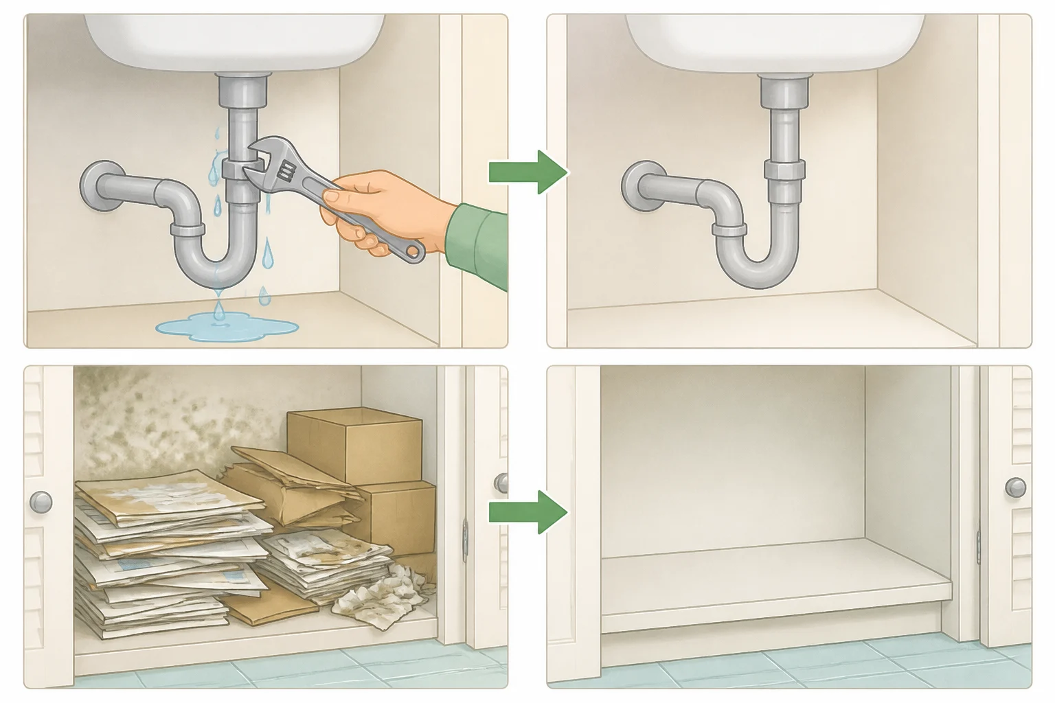 Illustration of a bathroom/closet setup showing a fixed plumbing leak, a dehumidifier running, and cardboard or newspaper clutter cleared to reduce humidity and hiding spots for silverfish