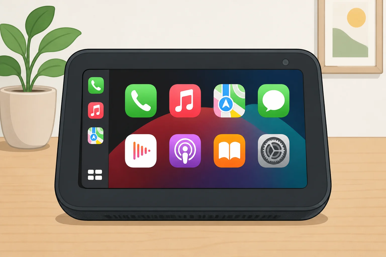 Illustration of an Echo Show 5 acting as a wireless CarPlay display on a desk with an iPhone connected via the device’s hotspot