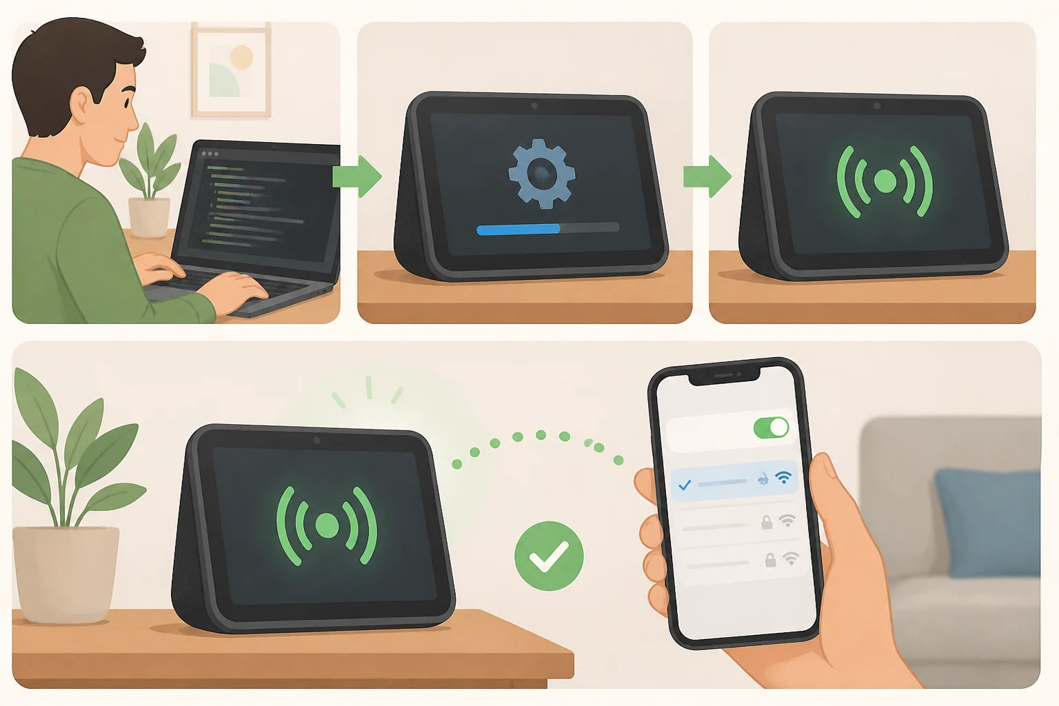 Illustration of an Android startup script toggling the Echo Show hotspot for a direct iPhone connection as part of how to install Apple CarPlay on an Echo Show 5