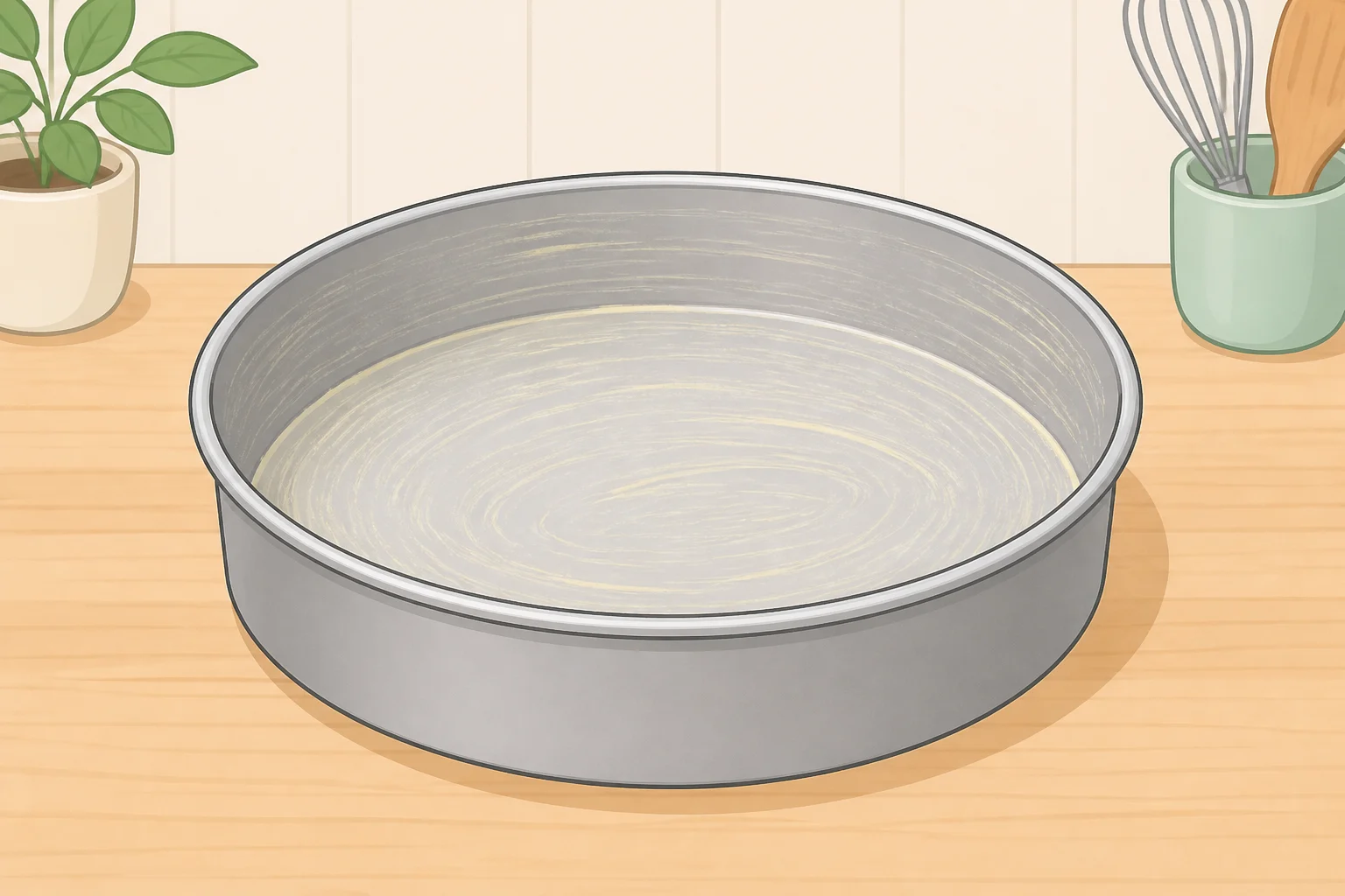A greased 9-inch round cake pan next to measuring tools, ready for a chocolate chip cookie cake recipe