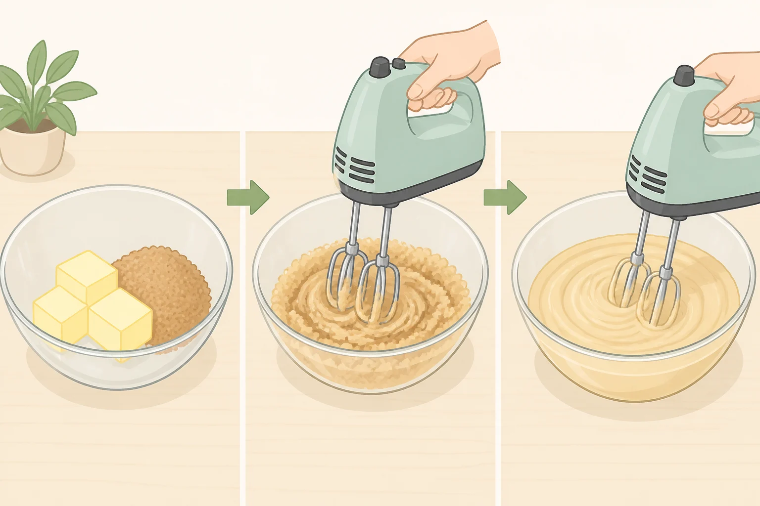 A stand mixer beating softened butter and packed brown sugar into a pale, creamy mixture with scraped bowl sides visible