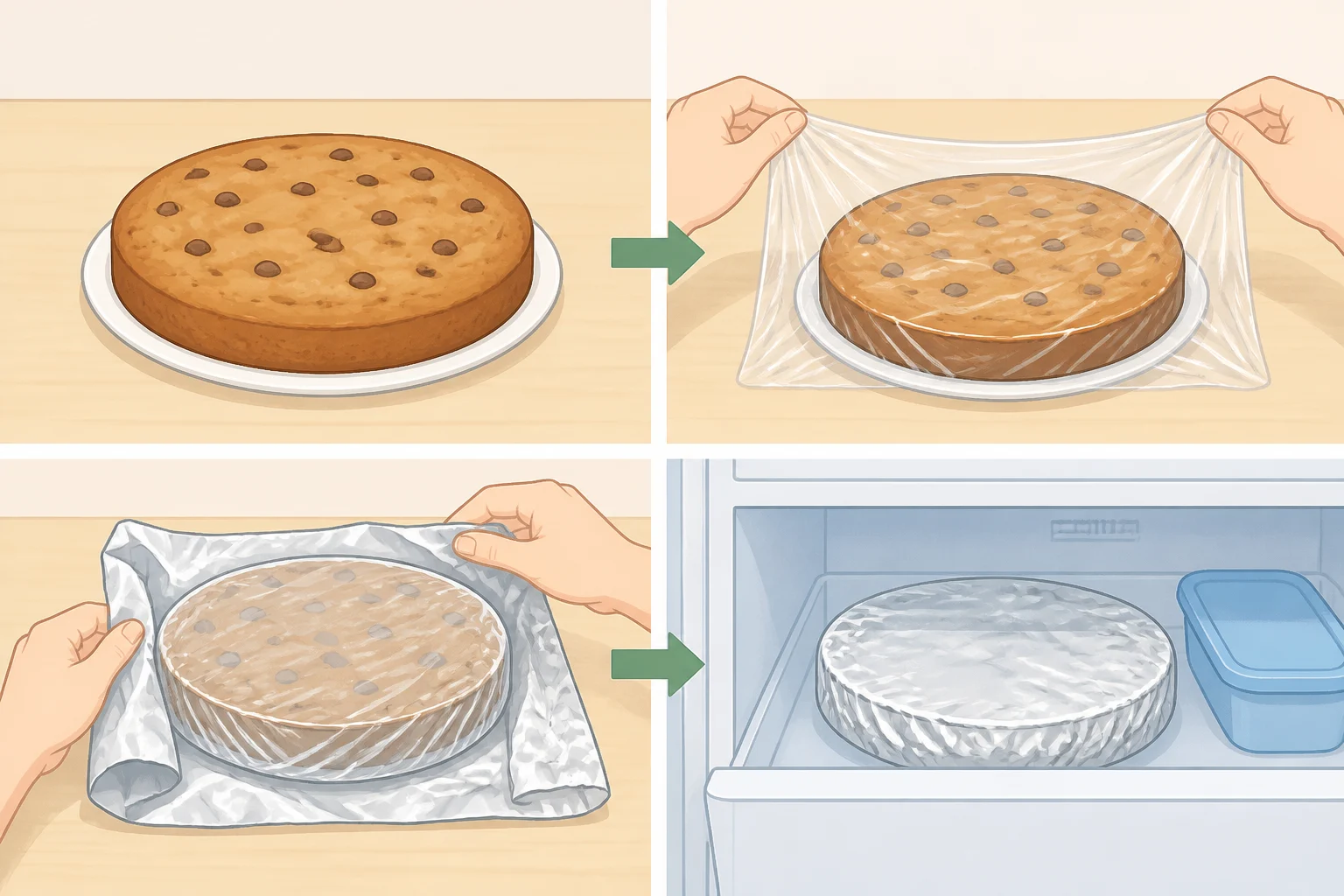 Wrapping a baked chocolate chip cookie cake in plastic wrap and foil for freezer storage before thawing and slicing