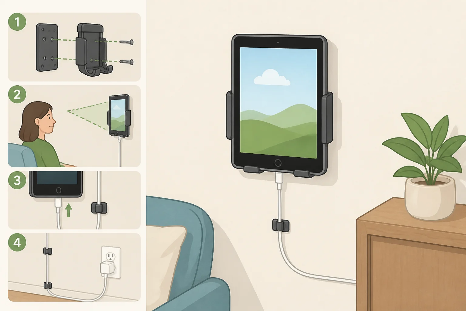 Illustration of an iPad mounted near a doorway with a properly routed power cable, reachable charging connector, and reduced-glare viewing angle