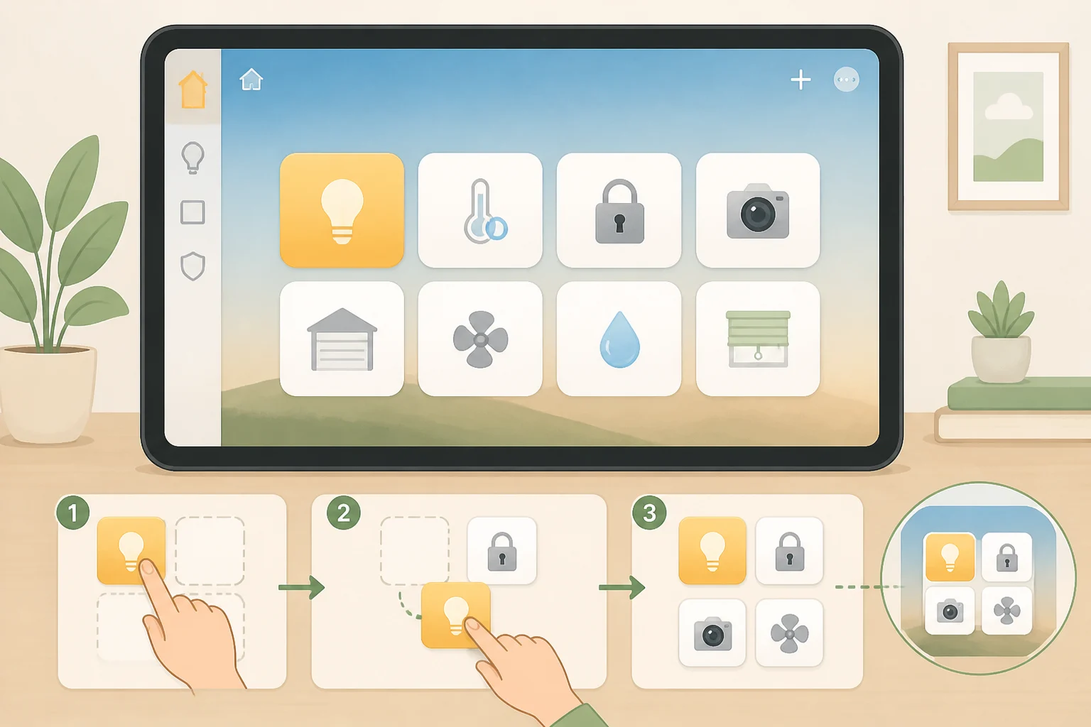 Illustration of the Apple Home app on an iPad with Favorites tiles arranged for lights, locks, and scenes, showing what the first dashboard screen will look like