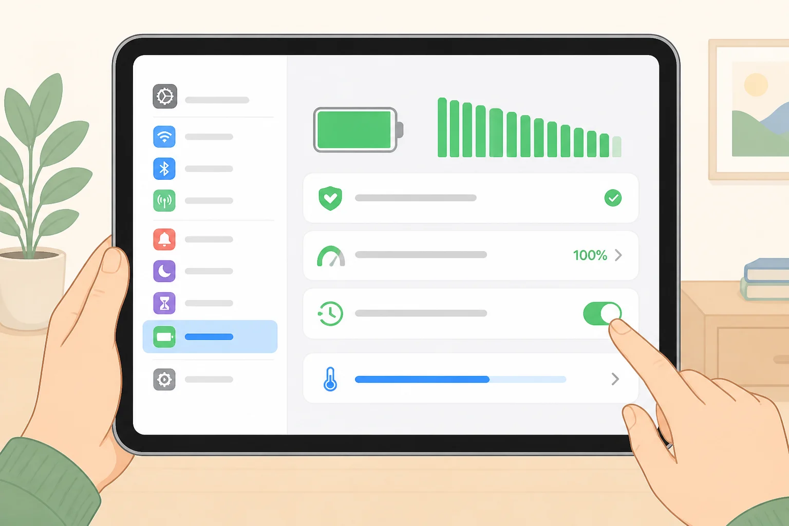 Illustration of an iPad in Settings with the Battery > Battery Health & Charging screen highlighted to help evaluate long-term suitability