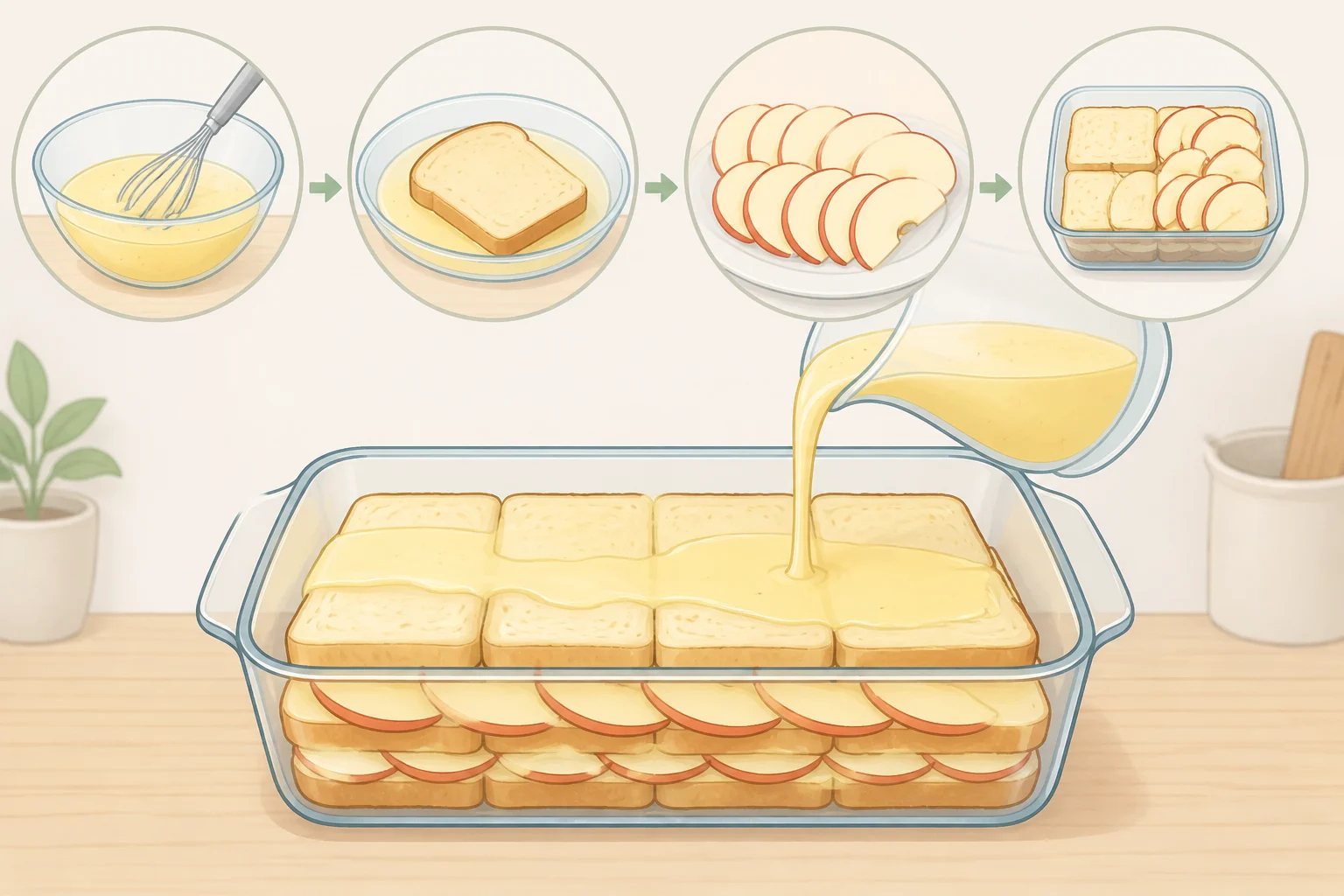 A 9-by-13 casserole dish diagram showing bread cubes spread first, thin cinnamon-sugar apple slices distributed throughout, and egg custard poured evenly to soak each cube