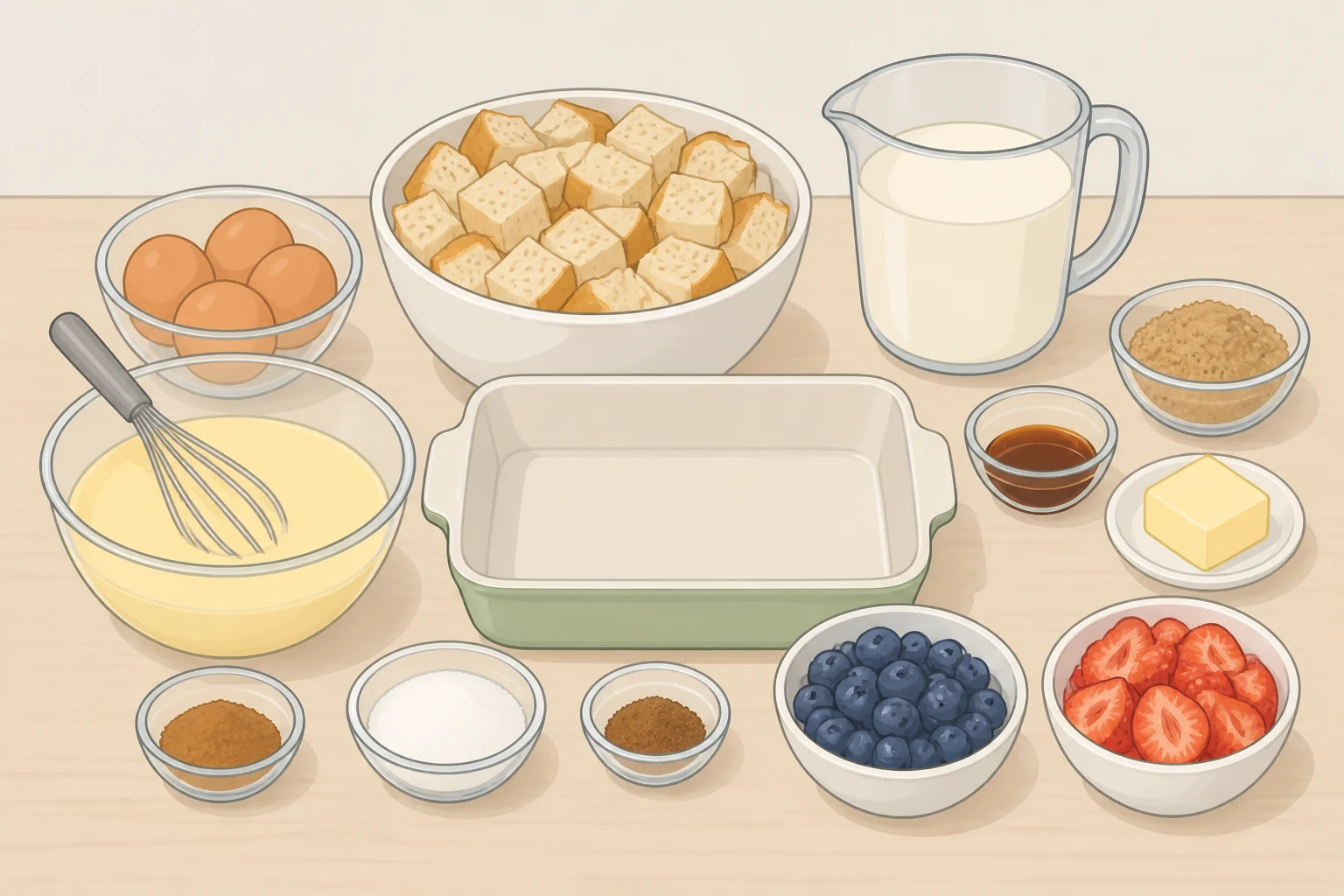 Ingredients and tools for baked apple cinnamon French toast casserole: dried brioche or challah cubes, sliced apples, eggs, milk, cream, brown sugar, cinnamon, vanilla, and a buttered 9-by-13-inch baking dish