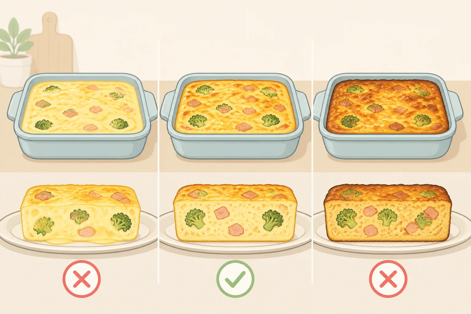 Doneness guide for baked French toast casserole: center lightly set with slight jiggle, versus liquid-wet undercooked middle, versus browned overbaked top